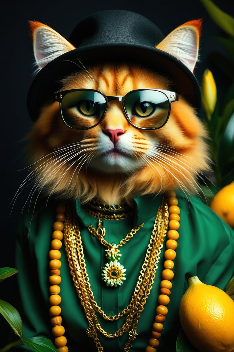 highend portrait of a cool ginger cat, high fashion Style with crazy glasses and stylish clothes and luxury necklace of jeweleries, hat consisting of lilies, oranges and lemons, color: dark green and gold, background: dark and luxury, hyper detailled, stil: raw, cinematic light, canon, expressive and original, canon, 50 mm lens, editorial, look: expensive, mood: motivated and good vibes