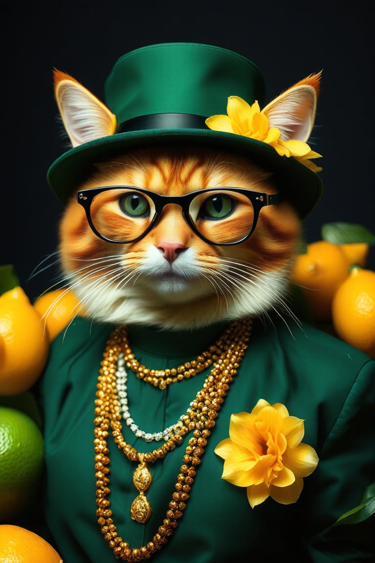 highend portrait of a cool ginger cat, high fashion Style with crazy glasses and stylish clothes and luxury necklace of jeweleries, hat consisting of lilies, oranges and lemons, color: dark green and gold, background: dark and luxury, hyper detailled, stil: raw, cinematic light, canon, expressive and original, canon, 50 mm lens, editorial, look: expensive, mood: motivated and good vibes