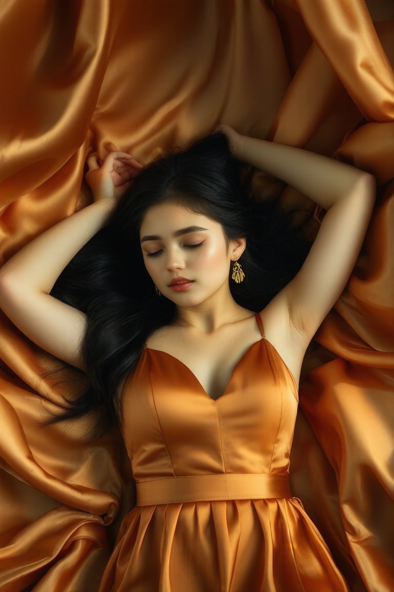 A girl with black hair, wearing an orange silk dress and gold earrings is lying on her back in the middle of large sheets of satin fabric. She has one hand up to cover half or all of her face, and another arm raised upwards to touch her head. The photo was taken from above, with warm tones, soft lighting, and clear details. in the style of
