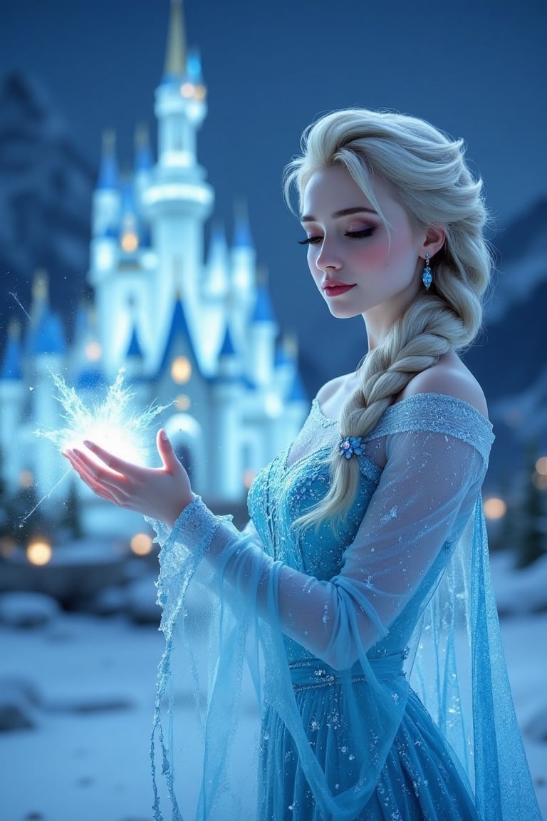 Frozen castle,  transparent shawl,  casting magic ice at night by World Ai on Tensor.Art