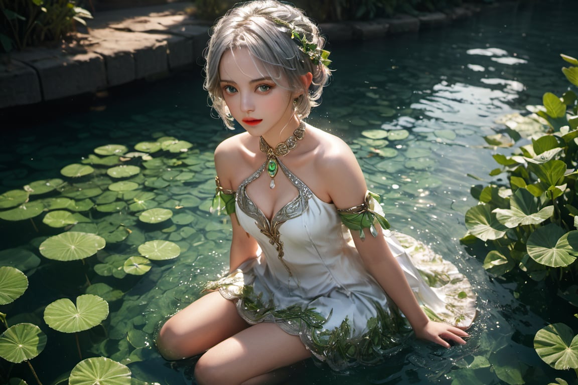 full body photo,dramatic light, fluorescent river,Floating on water, body wet,She was using her hands to collect water ,Hand holding water like a beggar.,,Nahida,green jewelry ,green eyes,silver hair,green collar,white and green dress,short dress,
Detailed pattern on the dress,small body,upper body,hair between eyes,windy,,detailed face, detailed eyes, detailed lips, beautiful woman, hourglass figure, natural lighting, high quality, hyperrealistic, 8k, cinematic, dramatic lighting, chiaroscuro, neoclassical, oil painting,