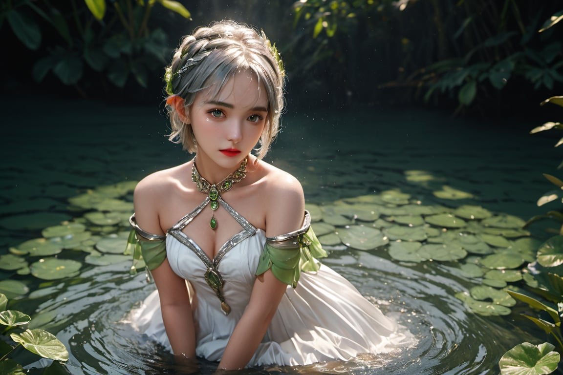 full body photo,dramatic light, fluorescent river,Floating on water, body wet,She was using her hands to collect water ,Hand holding water like a beggar.,,Nahida,green jewelry ,green eyes,silver hair,green collar,white and green dress,short dress,
Detailed pattern on the dress,small body,upper body,hair between eyes,windy,,detailed face, detailed eyes, detailed lips, beautiful woman, hourglass figure, natural lighting, high quality, hyperrealistic, 8k, cinematic, dramatic lighting, chiaroscuro, neoclassical, oil painting,