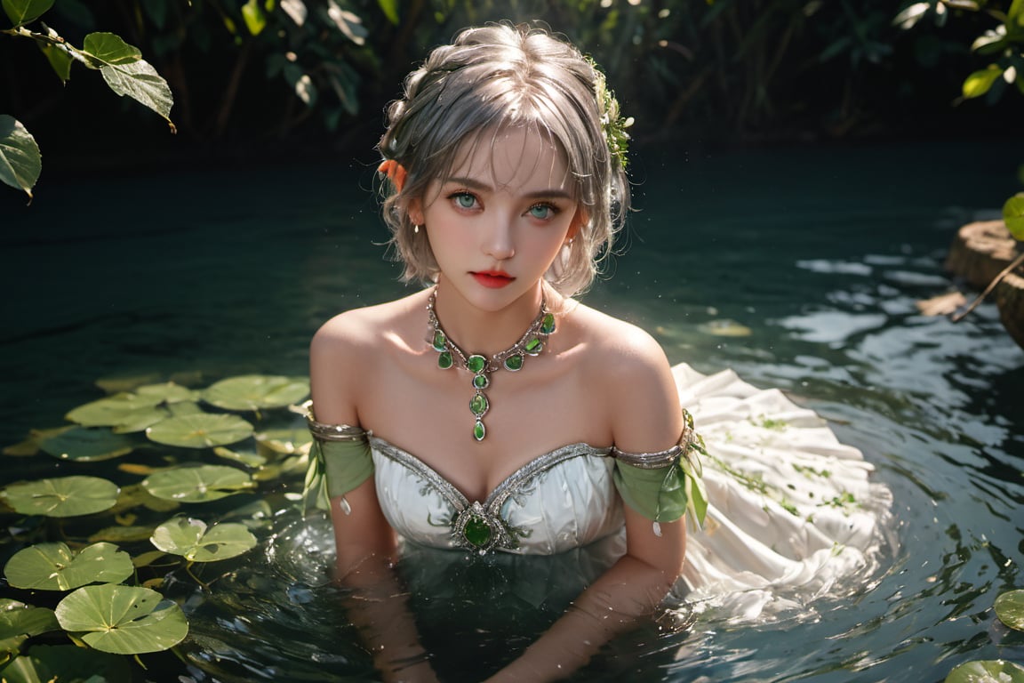 full body photo,dramatic light, fluorescent river,Floating on water, body wet,She was using her hands to collect water ,Hand holding water like a beggar.,,Nahida,green jewelry ,green eyes,silver hair,green collar,white and green dress,short dress,
Detailed pattern on the dress,small body,upper body,hair between eyes,windy,,detailed face, detailed eyes, detailed lips, beautiful woman, hourglass figure, natural lighting, high quality, hyperrealistic, 8k, cinematic, dramatic lighting, chiaroscuro, neoclassical, oil painting,