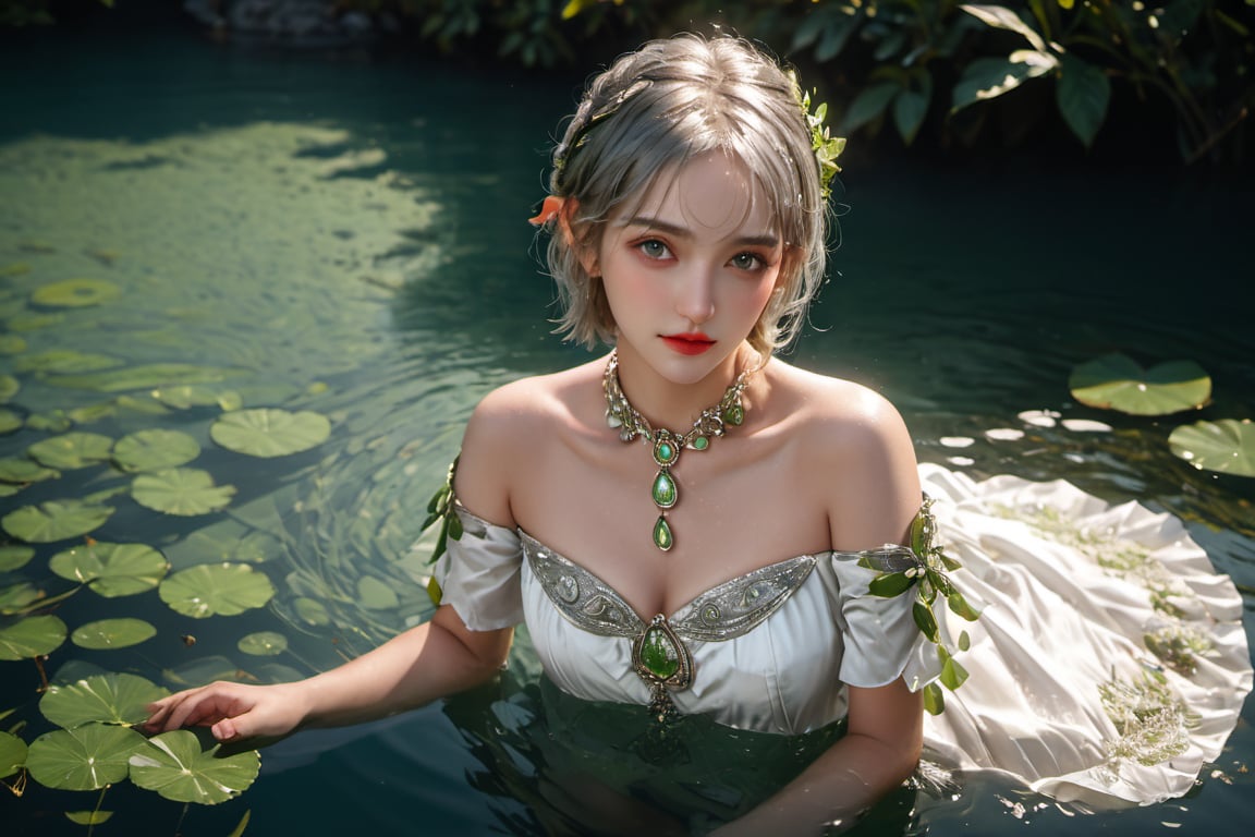 full body photo,dramatic light, fluorescent river,Floating on water, body wet,She was using her hands to collect water ,Hand holding water like a beggar.,,Nahida,green jewelry ,green eyes,silver hair,green collar,white and green dress,short dress,
Detailed pattern on the dress,small body,upper body,hair between eyes,windy,,detailed face, detailed eyes, detailed lips, beautiful woman, hourglass figure, natural lighting, high quality, hyperrealistic, 8k, cinematic, dramatic lighting, chiaroscuro, neoclassical, oil painting,