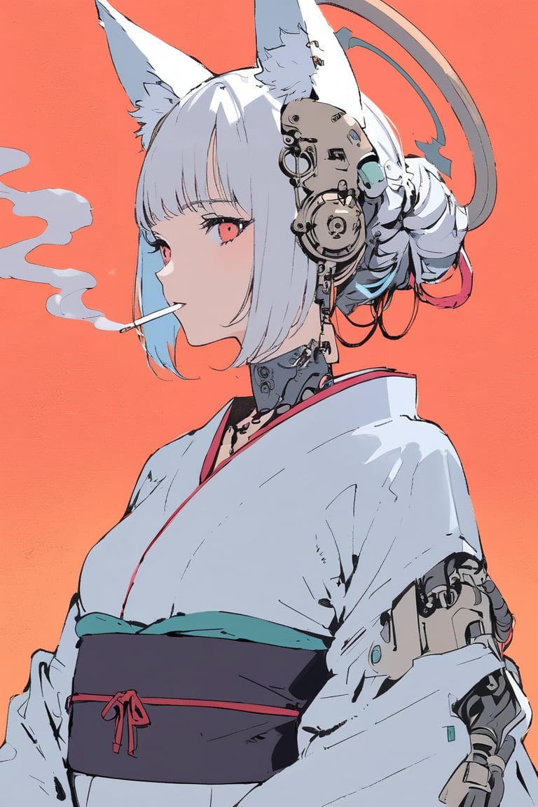 (by Carne Griffiths, Conrad Roset), 1girl,cyborg,android,mechanical, mechanical parts, mechanical joints, solo, looking at viewer, short hair, bangs, red eyes, animal ears, jewelry, upper body, white hair, earrings, japanese clothes, horns, choker, kimono, animal ear fluff, black choker, halo, red background, smoke, cigarette, white kimono, smoking, egasumi m3,Dark Manga of,Dark Anime of