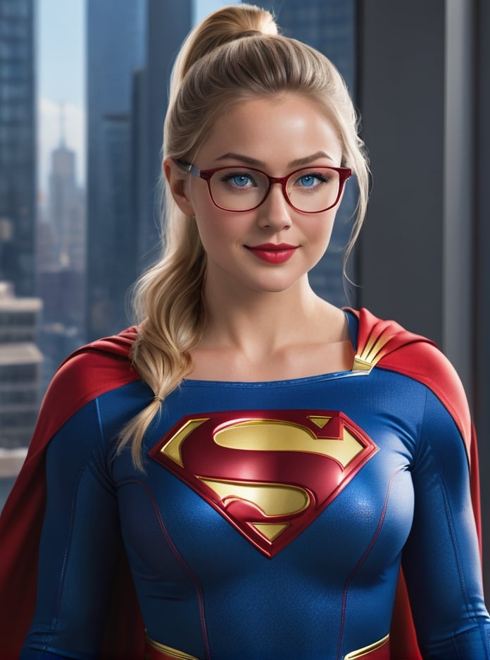 (photographed with a Canon EOS R5, 200 mm lens, F /2.4, American framing, frame so that the woman's full body is visible), (professional photography composition: 1.5), (realistic photography: 1, 5), ['Melissa Benoist' | 'Supergirl'] as a woman, the entire body is seen so that the background can be seen in detail, the young woman is 28 years old, realistic gray-blue eyes, glasses, blonde hair, hair tied in a ponytail, lipstick painted red, the woman She has big tits, natural tits, big tits, the woman has a short neck, 'sexy smile', she is wearing a Supergirl uniform, (Photorealistic well-focused background, she is in the editorial office of a New York newspaper)