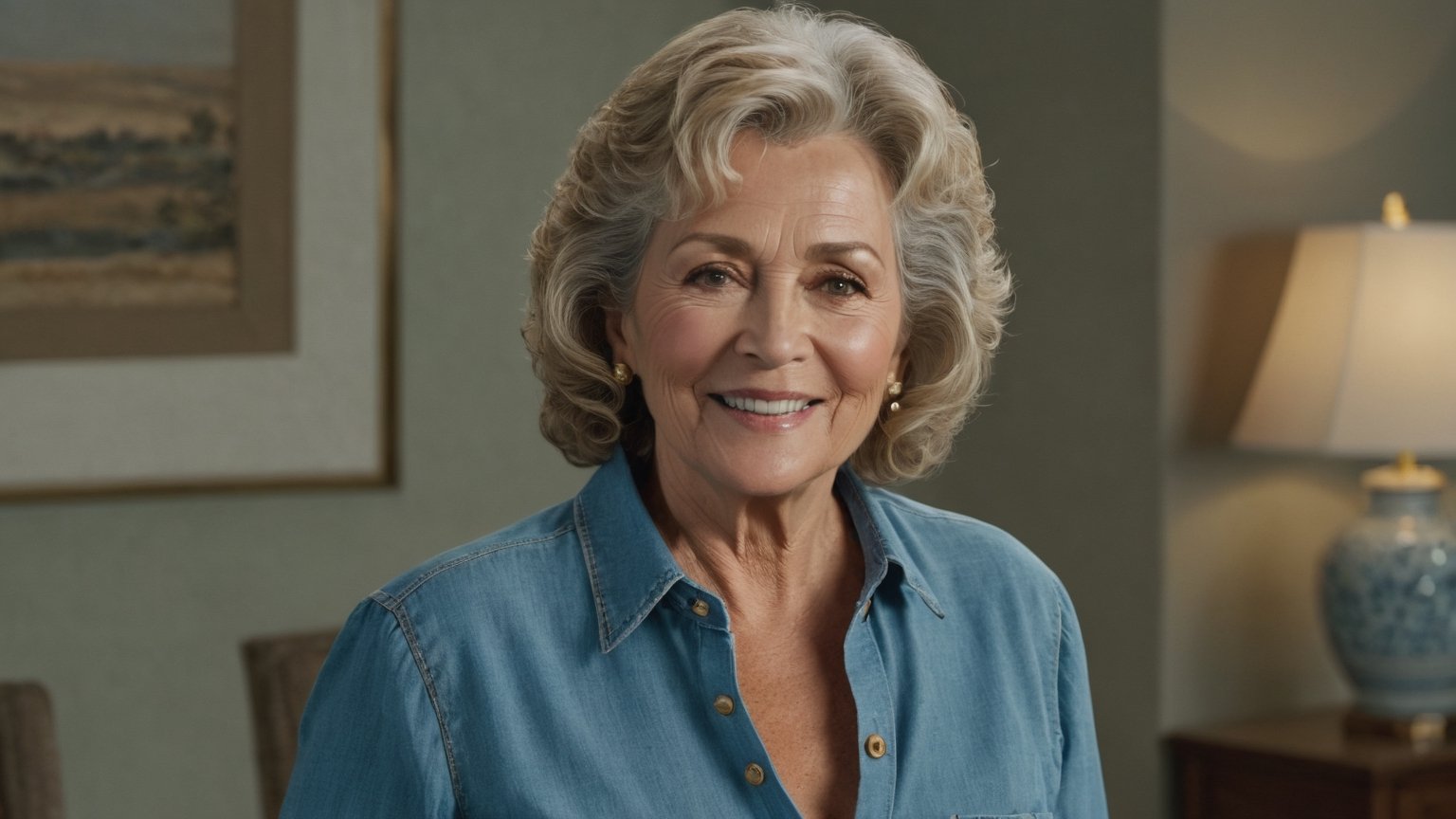 (shot with a Canon EOS R5, 200mm lens, F/2.4, American framing, frame to show the woman's full body), (professional photography composition: 1.5), (realistic photography: 1. 5), ['Shirley Temple'] as an older woman, the entire body is seen so that the background can be seen in detail, the older woman is 73 years old, realistic brown eyes, short curly blonde hair, the woman has big tits, natural tits, the older woman has a short neck, 'conspiratorial smile', she is wearing jeans, she is wearing a light blue shirt, the shirt has the buttons unbuttoned, (Background well focused, she is in a living room of a modern house, there is a 75 inch television)