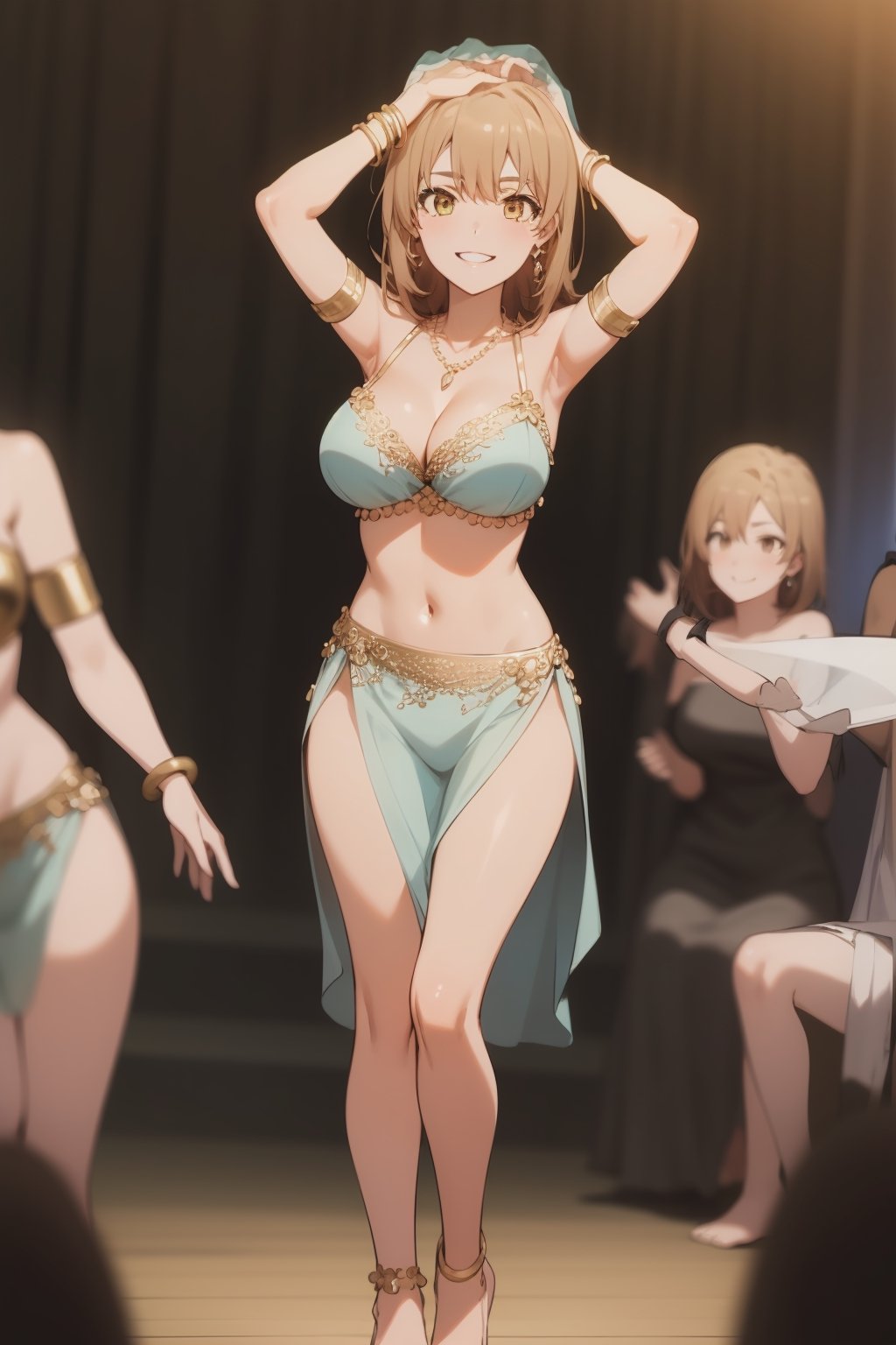 Iroha Isskiki, pretty, 1girl, solo, breasts, looking at viewer, smile, short hair, bangs, brown hair, navel, cleavage, brown eyes, jewelry, medium breasts, standing, full body, yellow eyes, earrings, barefoot, necklace, grin, shiny hair, bracelet, veil, pelvic curtain, armlet, anklet, thighlet, dancer, harem outfit, arabian clothes, hands over head, 
whole body focus, 