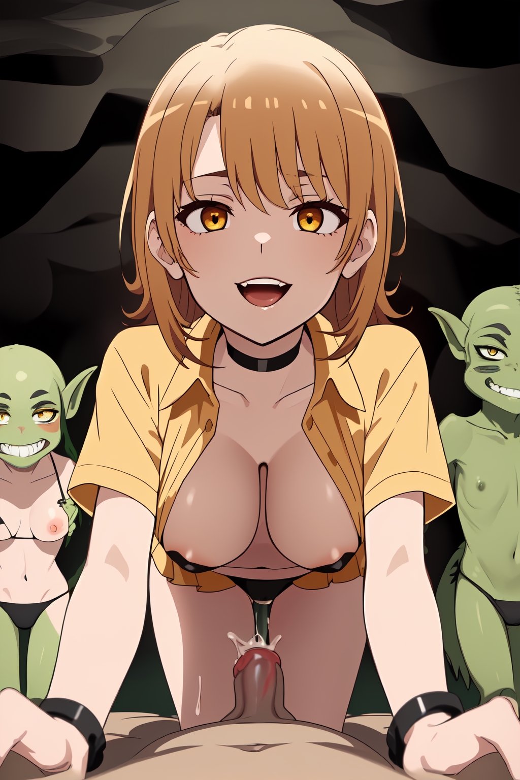 uncensored, decensored, 
High quality, best detail, beautiful picture, 

Iroha Isshiki, solo, short hair, Iroha is about 156cm, 
short body, medium-large tits, thin thighs, 
trouble smile, little open mouth, orange eyes, 
perfect fingers, perfect thumbs, 
look at viewer, welcome goblins,  

thin black choker, black micro bikini, 
Amesque, first high school girl, 
(((black micro bikini edge and strings is white))),
((white strings and edged black micro bikini tops and bottoms)), 

Her chest is open and her bikini bra is seeing from open shirt, 

((see-through pale yellow shirt)), 
(((orange mini skirt)), 

dark brown socks, dark brown shoose,

((school environment theme:1.5)), yellow shirt front full open, 
(((short sleeve pale-yellow shirt rolling up cuffs, not use buttoned, pale-yellow shirt_collor, chest wide open, shirt tied-up on stomach))),

short length shirt, 

Iroha being captured by goblins, 
dark green skin goblin, 
(((multiple goblins are surrounding iroha))),
many naked goblins are surrounding Iroha,
some nude goblins are standding behind Iroha,


in the deep cave, cave prison, large cave, 
day time, day light, wide cave full of goblins, 

orgy, group sex, rinkan, gangbang, sex, fuck, 
double penetration, fucked from behind,


very long and fat penis, 
double handjob, 


((((grabbed boobs by goblins very hard)))), 
in the cave,

Goblins are holding his dick and masturbating,

prisoner, (((grabbed her boobs))),
brabbed tits from behind, 

undressed by goblins, sucked her nipples by the goblins,

(((((grabbed her tits by the goblins very hard))))),

pale nipples, nipples on pink, erect nipples, 
((((double handjob)))), vaginal cum, 

(((lots of goblins is flocking to Iroha))),
(((grabbed boobs by goblins very hard))), 

(((she is being double handjob))), 

(((all fours))), undressed, fucked by the goblins from her behind, 
green_dicks_everywhere, double penetration, group sex, orgy, 
(((front view))),  sliding bra, seeing her nipples,  , front view doggystyle, nude, topless,  seeing nipples, every hole is a goal, 
tripple penetration, 