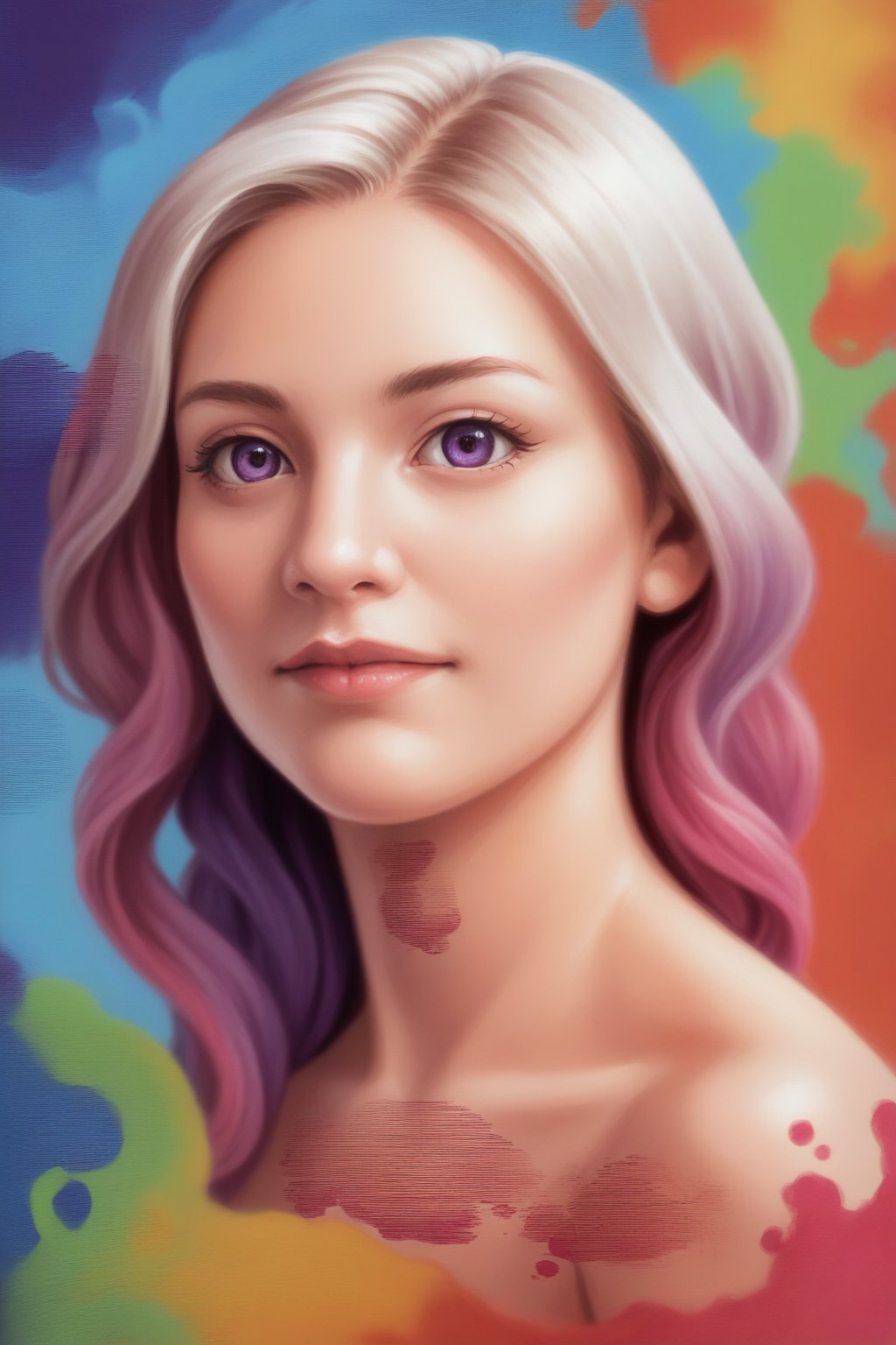 portrait of the face of a young woman, oil painting, cubist style, colorful abstract background, mixed technique, hyperrealistic touch of color, very detailed, colorful and abstract, pictorial work of art, a lot of dynamics in the details, extremely detailed