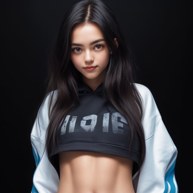 4k,best quality,masterpiece,20yo 1girl,(cropped sweatshirt),(demin pant), alluring smile, open hoodie,

(Beautiful and detailed eyes),
Detailed face, detailed eyes, double eyelids ,thin face, real hands, muscular fit body, semi visible abs, ((short hair with long locks:1.2)), black hair, black background,


real person, color splash style photo,
