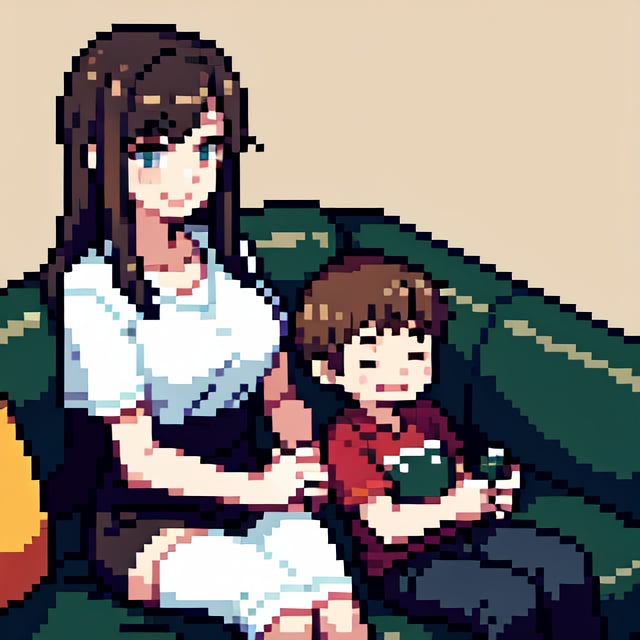 mom and son, 1girl, 1boy,  sitting in sofa together, smile.,Pixel art