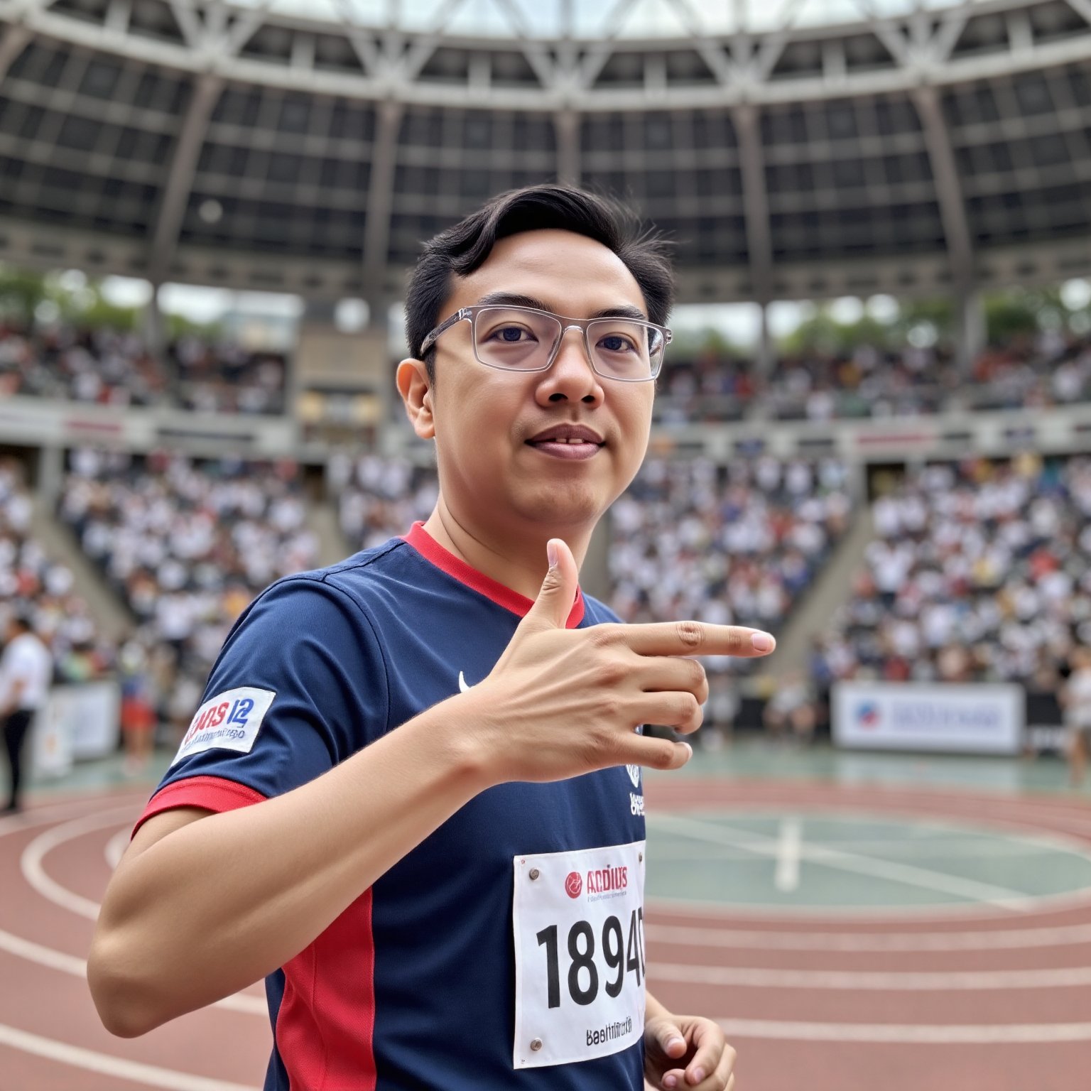 Portrait image of a 19-year-old sport player wearing glasses,  looking at viewer,  performing a sportive action with stron...