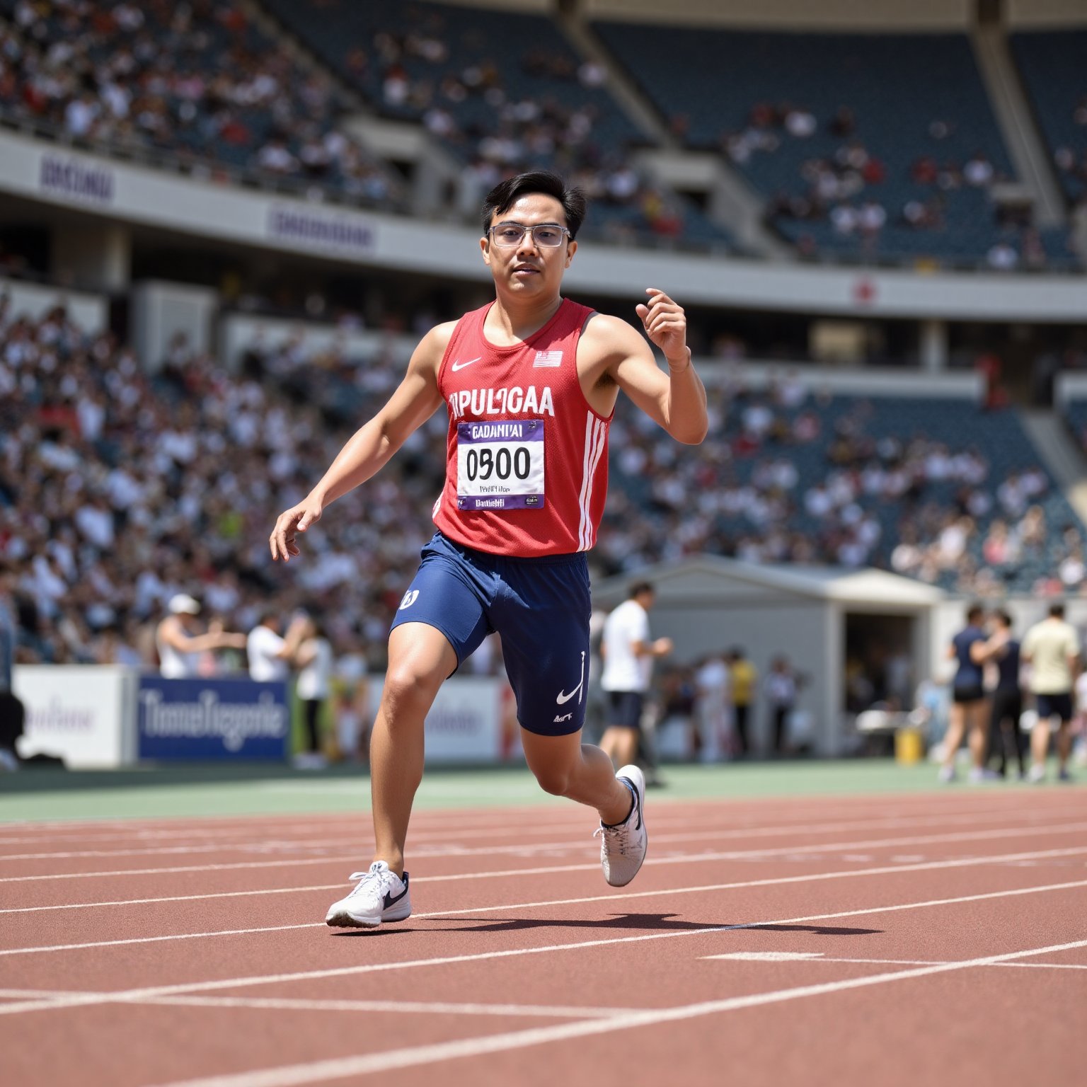 Portrait image of a 19-year-old sport player wearing glasses,  looking at viewer,  performing a sportive action with stron...