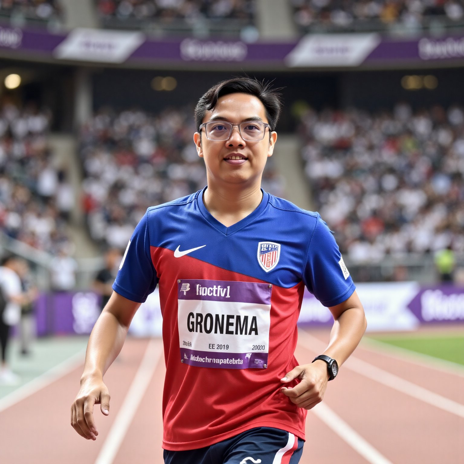 Portrait image of a 19-year-old sport player wearing glasses,  looking at viewer,  performing a sportive action with stron...