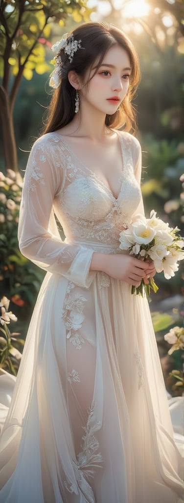 Enchanting bride standing gracefully in her exquisite wedding dress; adorned with intricate lace details and delicate embroidery. The dress flows elegantly to the ground, creating an ethereal silhouette. Her expression is one of serene joy and anticipation, with eyes softly glancing to the side. Her hair is styled in loose waves, adorned with small white flowers that match her bouquet. The scene is set in a lush garden during golden hour, with soft sunlight filtering through the trees, casting gentle shadows and creating a warm, romantic ambiance. The image is rendered in ultra high resolution (16k) with meticulous attention to detail, capturing every nuance from the delicate fabric textures to the realistic skin tones. This masterpiece showcases the bride's beauty and grace in a timeless moment.