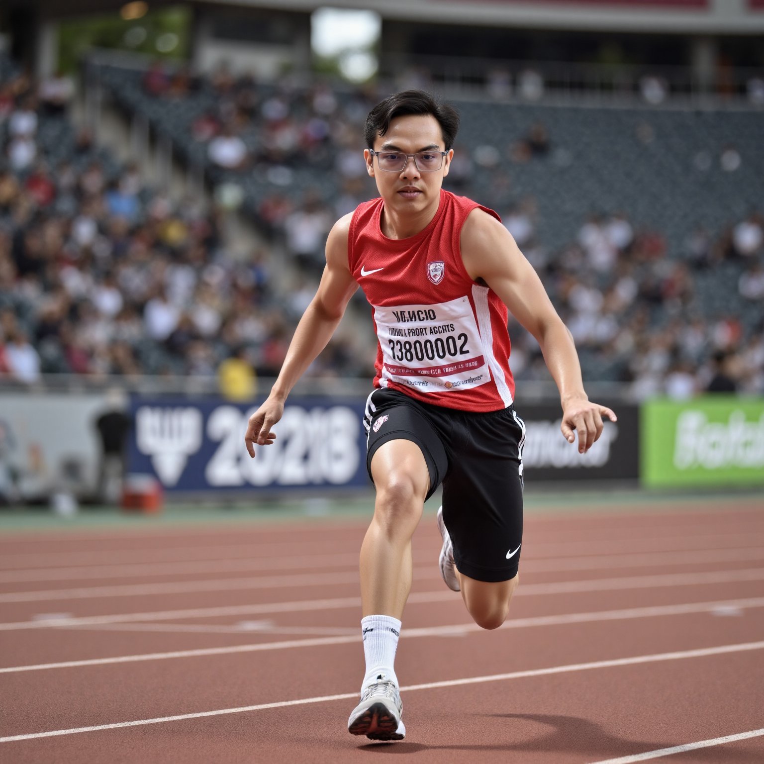 Portrait image of a 19-year-old sport player wearing glasses,  looking at viewer,  performing a sportive action with stron...