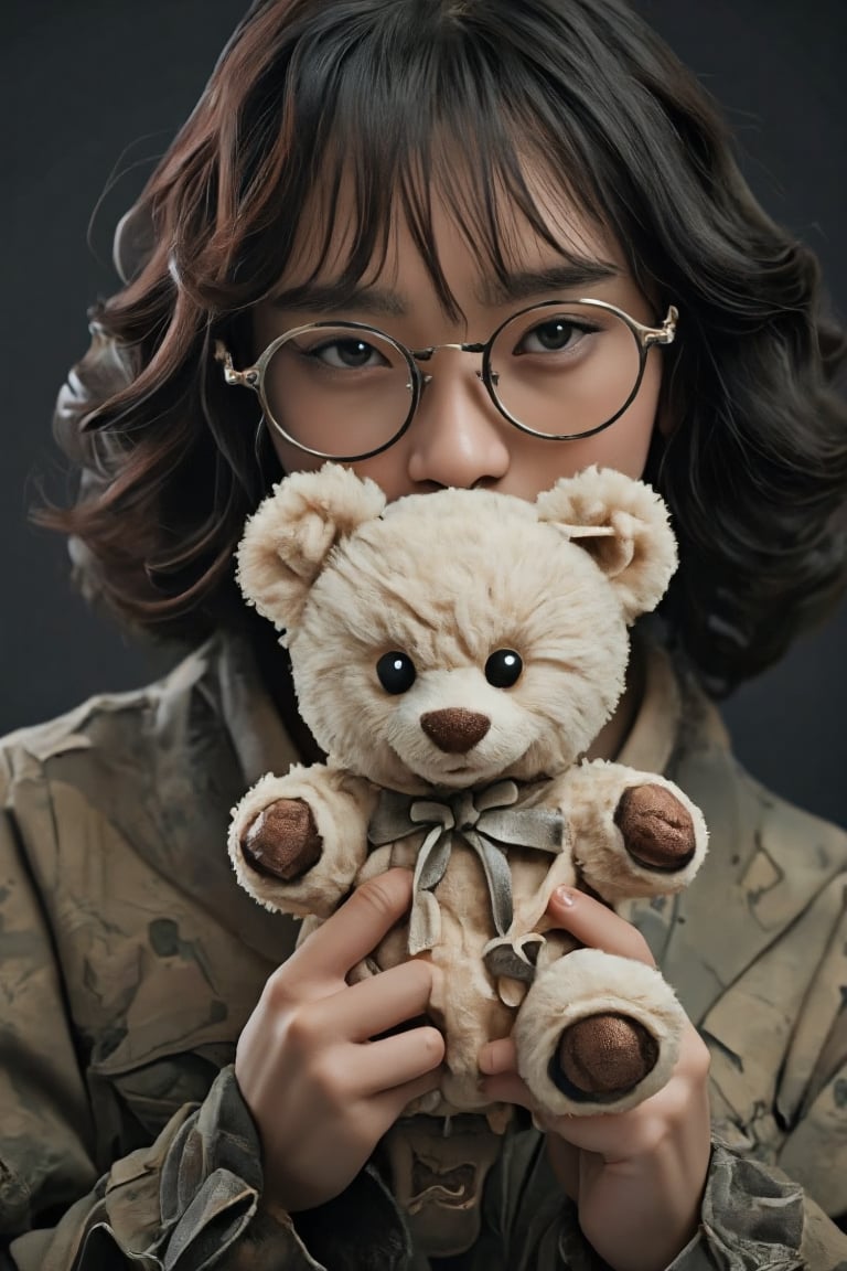 (masterpiece, cinematic, photorealistic, realistic details, dynamic light & pose, high quality, perfect lighting), Beautiful Woman with dark hair, wearing round glasses, (holding a tiny spoky and adorable white plush fluffy horor style teddy bear with large black eyes)