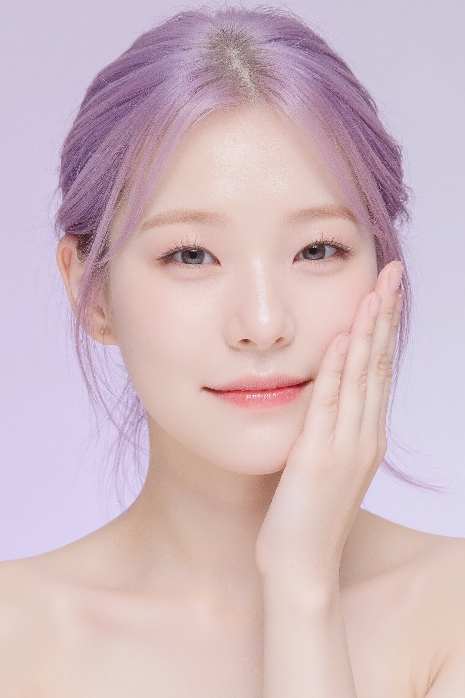 portrait of girl face for skincare advertising , gradient simple background, light purple hair, oval face, chin up, biting her lips, smiling eyes,Jiheon