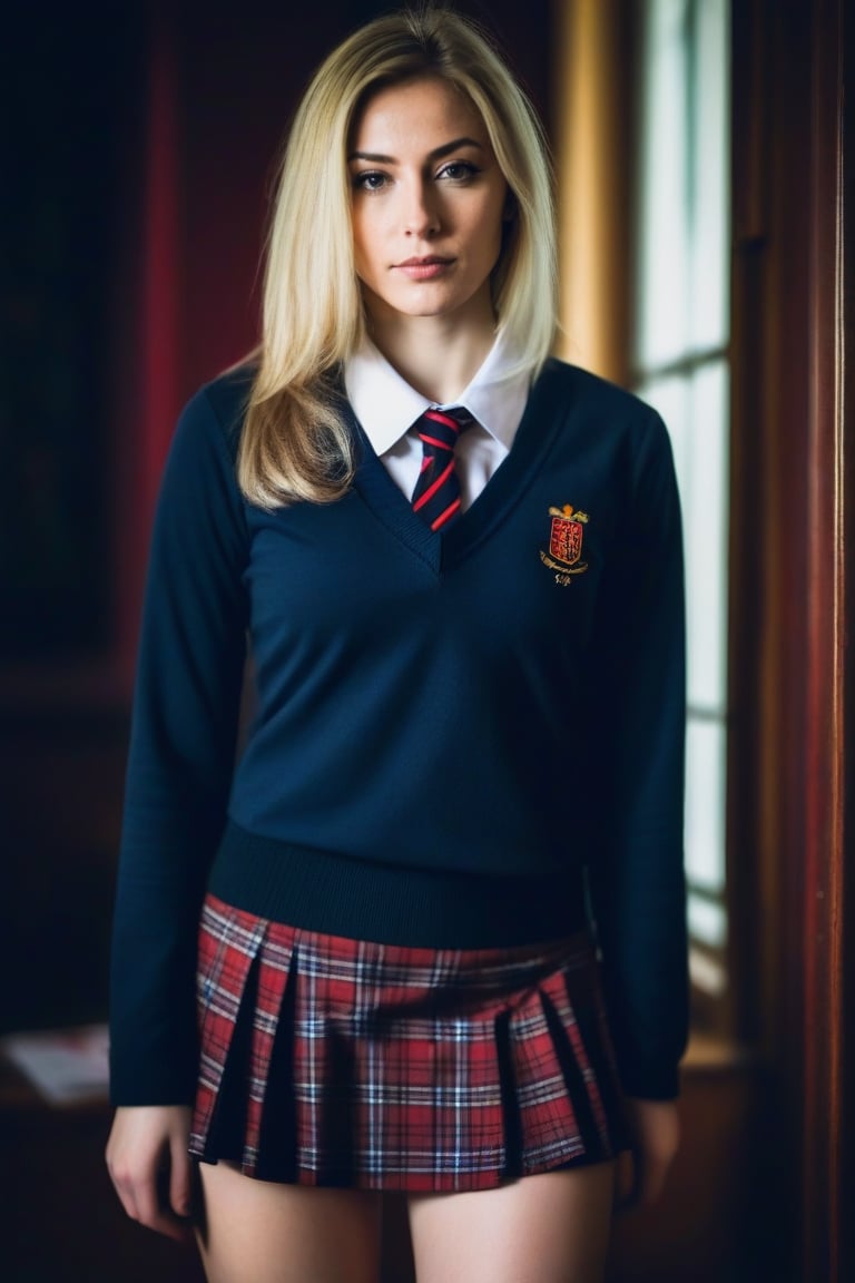 (((3/4 body))), My crazy cousin, looking directly into the camera lens with a seductive pose. The setting is a moody, dimly lit room with a red hue, reminiscent of a cold winter night. Her blonde hair falls over one eye, adding to the sense of mystery and allure. She wears an (((English girl's school uniform with a short skirt))) that accentuates her sexy thighs and her curves, particularly her medium-sized breasts. In the background, a blurred bokeh effect creates. The overall mood is darkly romantic, with a focus on her beauty and sex appeal. she embodies both the sensuality and sexuality of her personality.