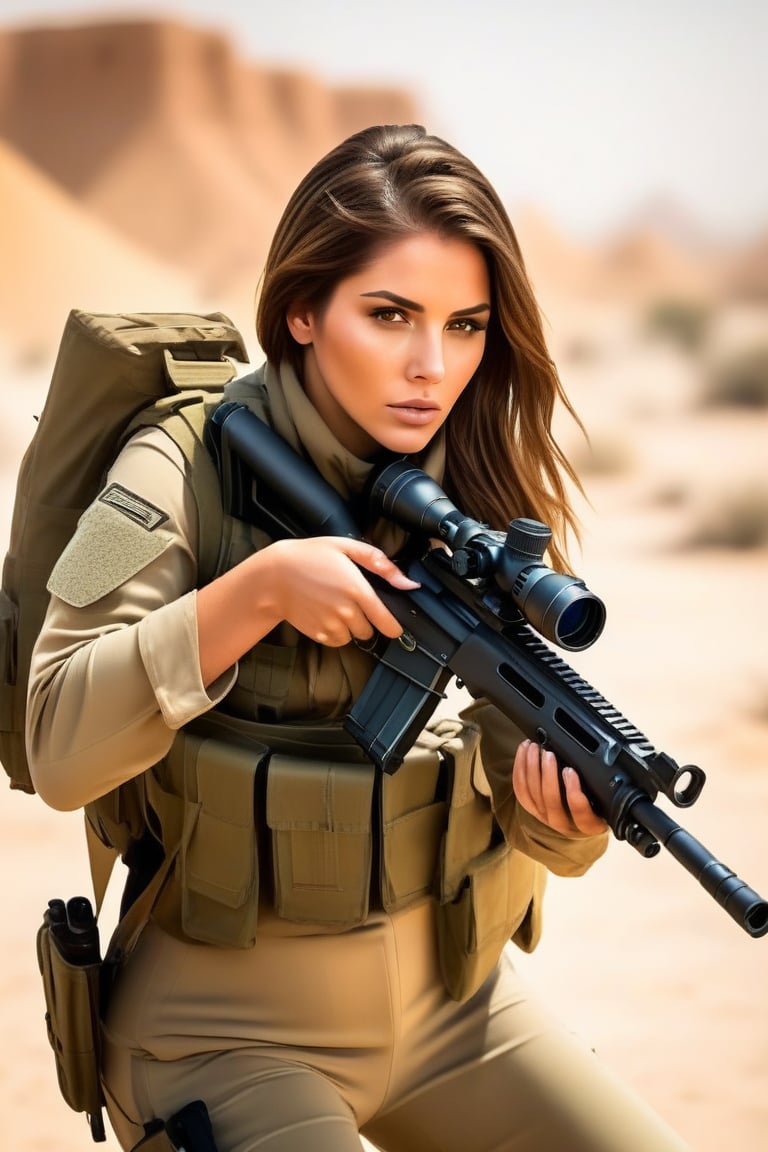 Bella is a female sniper. She is in desert uniform, aiming at an enemy.,(((photorealism:1.4)))