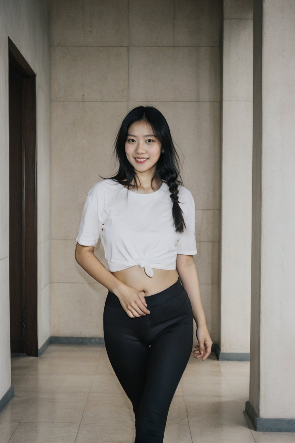 A photorealistic full-frame image of a petite Indo-Chinese girl striding confidently down a dimly lit corridor with beige walls and a marble floor. Her short jet-black hair is styled in two small pigtails tied with thin ribbons, positioned on the sides of her head. She is wearing a tight-fitting beige t-shirt that reaches her hips and long black leggings that clearly accentuate her shapely buttocks and rounded thighs as she walks away from the viewer. The camera captures her round face featuring a small round nose and plump lips hinting at a subtle smile, framed to emphasize her confident stride. The overall scene should convey a sense of motion and confidence, with high resolution and ultra-detailed quality