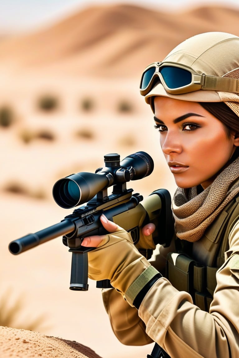 Bella is a female sniper. She is in desert uniform, aiming at an enemy.,(((photorealism:1.4)))