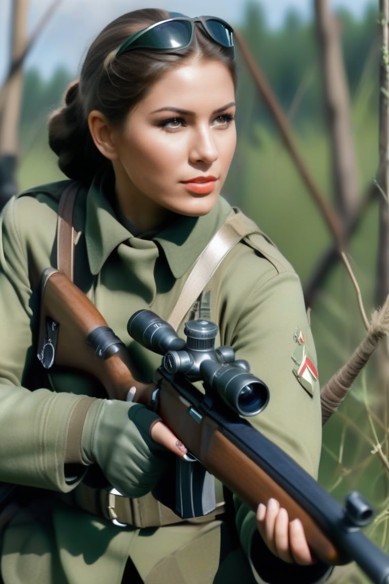 Olga is a female sniper. She is in green uniform, skirt, aiming at an enemy.,(((photorealism:1.4)))