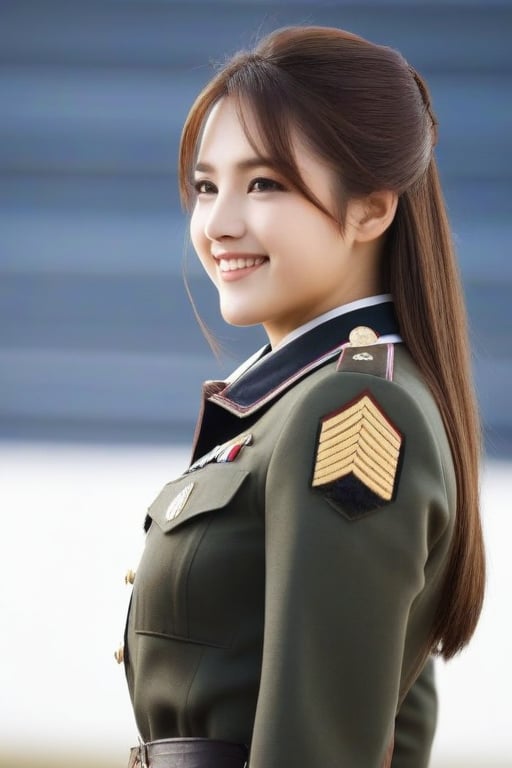 looking straight ahead, side_view,1girl, military_uniform, solo, long hair, smile, brown hair,
,warrior,beauty