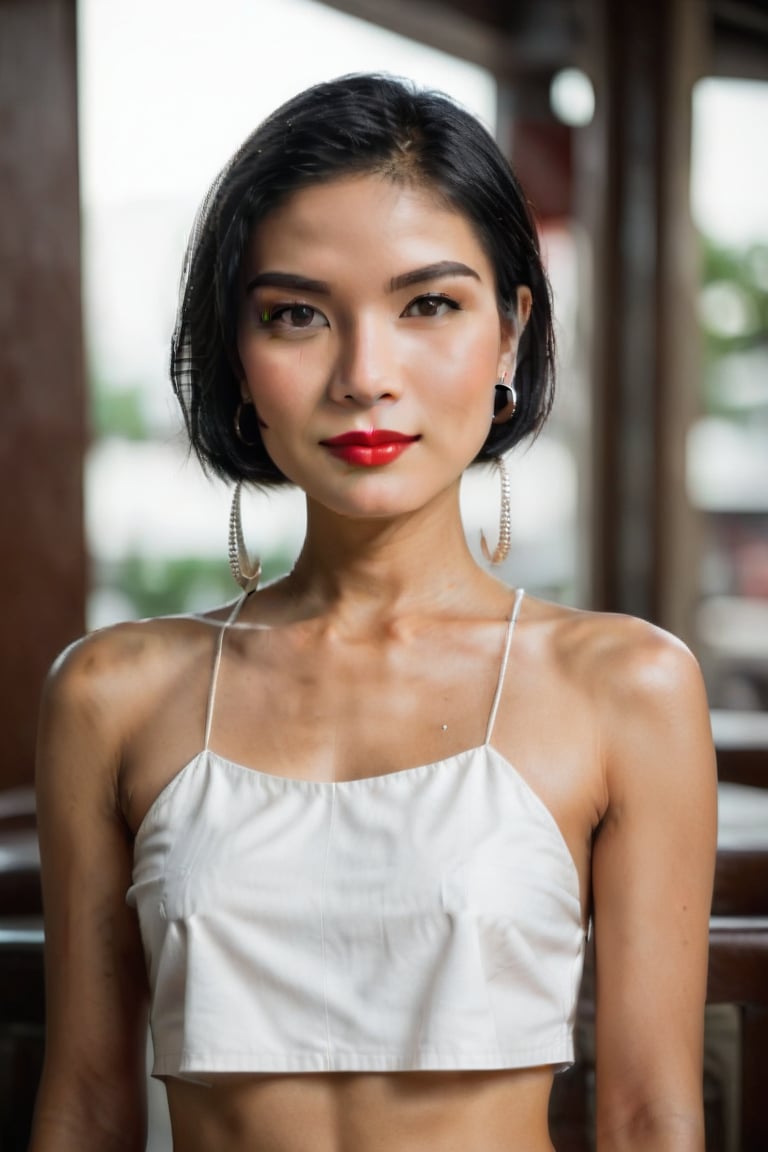 1girl, Thai, 26 years old, solo, breasts, looking at viewer, short hair, backdrop is a coffeeshop, black hair, navel, brown eyes, jewelry, standing, collarbone, cowboy shot, earrings, (((very small breasts, almost flat-chested:1.4))), midriff, pants, nail polish, lips, crop top, red nails, hoop earrings, realistic, white pants, town square as backdrop.,(((photorealism:1.4))),Thai 