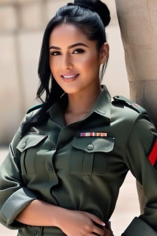 Sexy female soldier, hair in army regulations bun, black hair, short dress, relaxing, smile, half-body_portrait, 