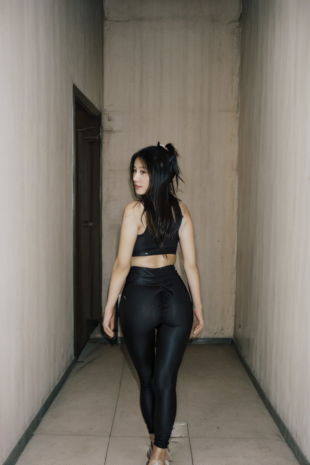 A petite Indo-Chinese girl strides confidently down a dimly lit corridor with beige walls and worn-out carpet. (((Her short jet-black hair is styled in two girlish small pigtails tied with thin ribbons:1.4))), contrasting with her tight-fitting beige t-shirt that rises to her hips. She wears (((black leggings:1.4))) that accentuate her shapely buttocks and rounded thighs as she walks away from the viewer. The camera captures her round face featuring a (((small round nose)))and plump lips hinting at a subtle smile, framed to emphasize her confident stride.