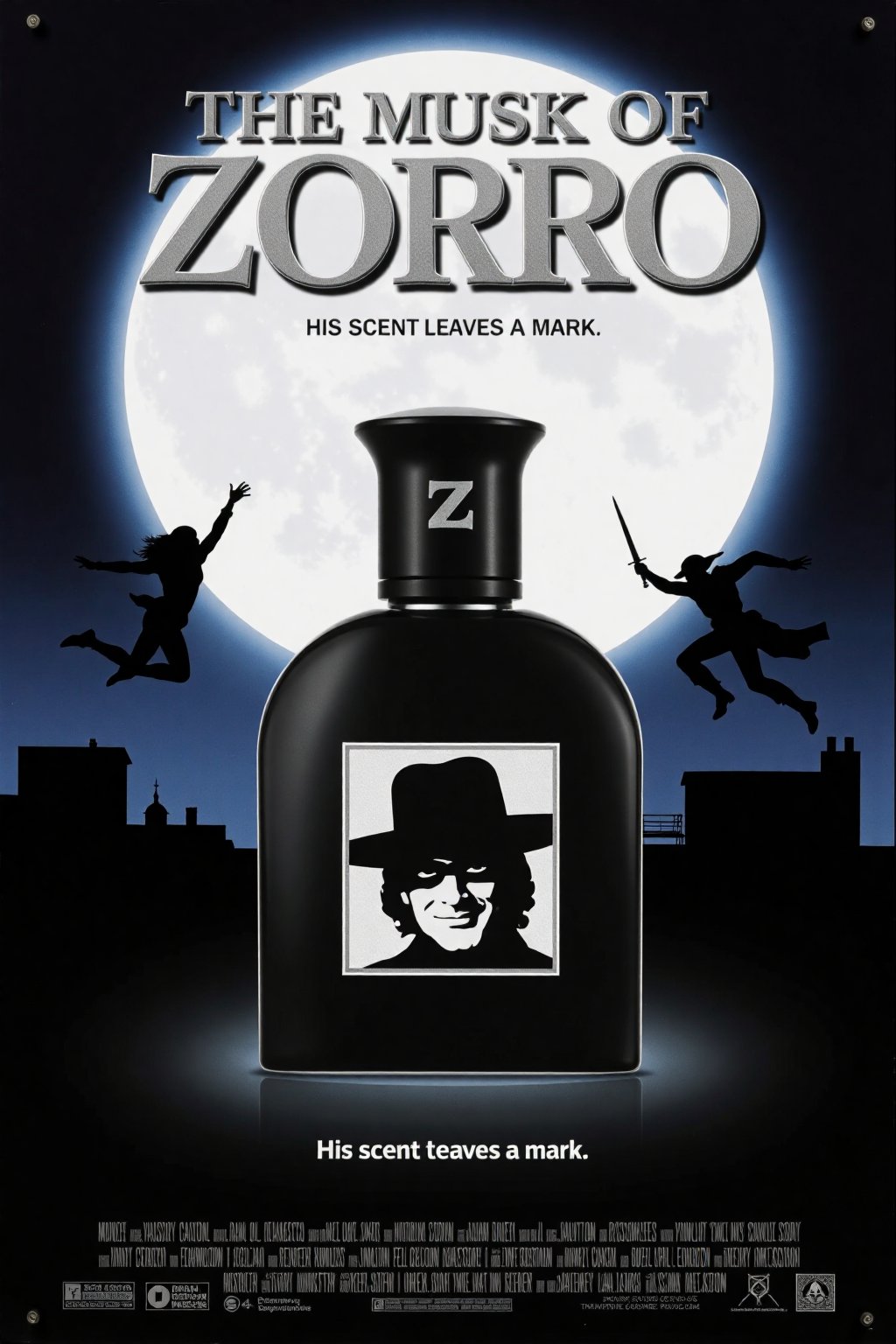 Vintage Movie poster for "The Musk of Zorro," featuring a sleek bottle of men's cologne as the centerpiece. The cologne bottle has an elegant black and silver design with a bold, artistic portrait of Zorro on the front. Zorro is depicted in his iconic black mask and wide-brimmed hat, with a playful, smirking expression. The bottle's cap resembles the handle of Zorro's sword, with a Z-shaped insignia etched into it. In the background, dramatic shadows of Zorro's silhouette leap across rooftops under a full moon. The poster has a mix of action and comedy, with bold, exaggerated fonts for the title, "The Musk of Zorro," in metallic silver, positioned at the top. The tagline underneath says, "His scent leaves a mark." Cinematic lighting highlights the glossy cologne bottle, giving it a luxurious, commercial feel. Humorous, over-the-top design, matte finish, vintage movie poster style.