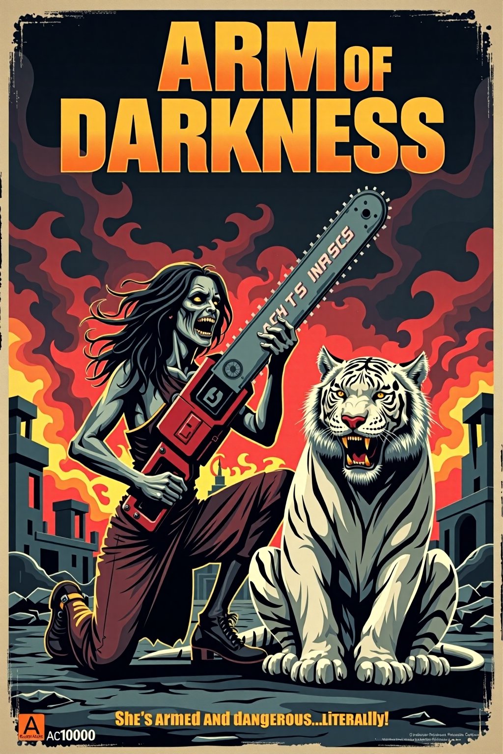 Vintage movie poster for 'Arm of Darkness' featuring a zombie wielding a massive chainsaw attached to her arm like a weapon, A fierce zombie  white tiger sits beside her, adding a touch of absurdity. The scene has a chaotic, apocalyptic vibe, with destroyed ruins and exaggerated fire in the background, giving the whole image a comically intense and action-packed feel.  At the top, in bold 80s action movie font, add the title 'Arm of Darkness.' Beneath the title, include the tagline: 'She's armed and dangerous...literally!'"
