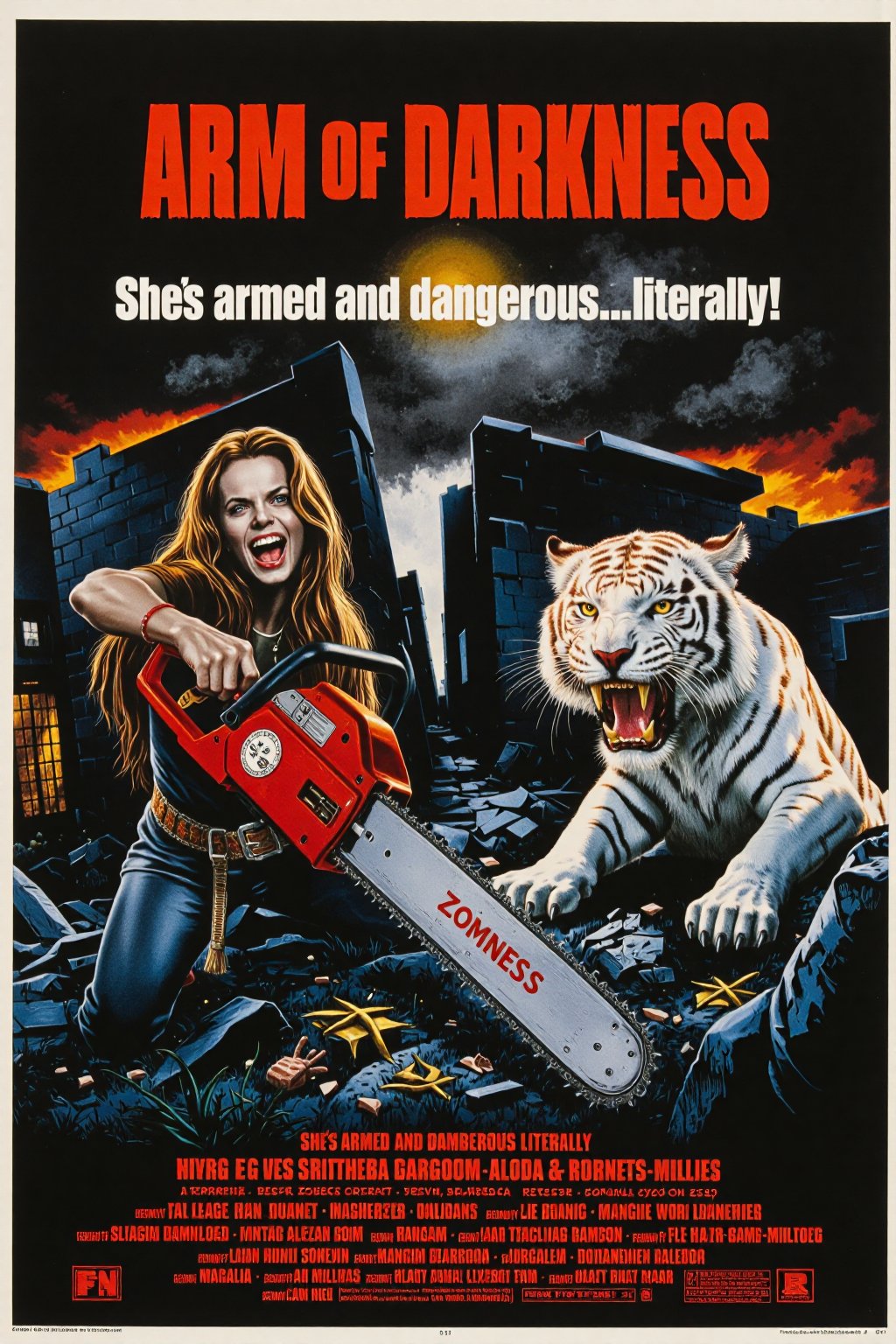 Vintage movie poster for 'Arm of Darkness' featuring a zombie wielding a massive chainsaw, A fierce zombie  white tiger sits beside her, adding a touch of absurdity. The scene has a chaotic, apocalyptic vibe, with destroyed ruins and exaggerated fire in the background, giving the whole image a comically intense and action-packed feel.  At the top, in bold 80s action movie font, add the title 'Arm of Darkness.' Beneath the title, include the tagline: 'She's armed and dangerous...literally!'"
