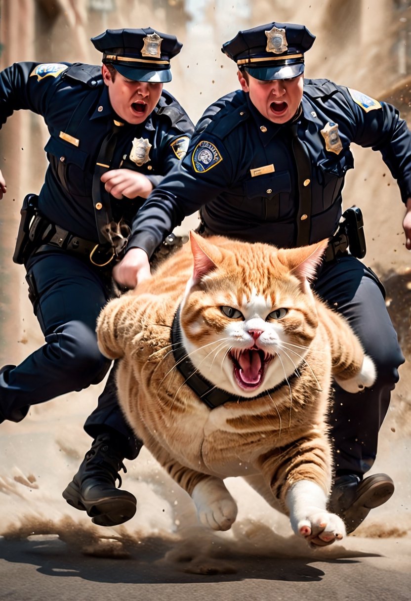 Action shot. Two cops arresting an obese cat