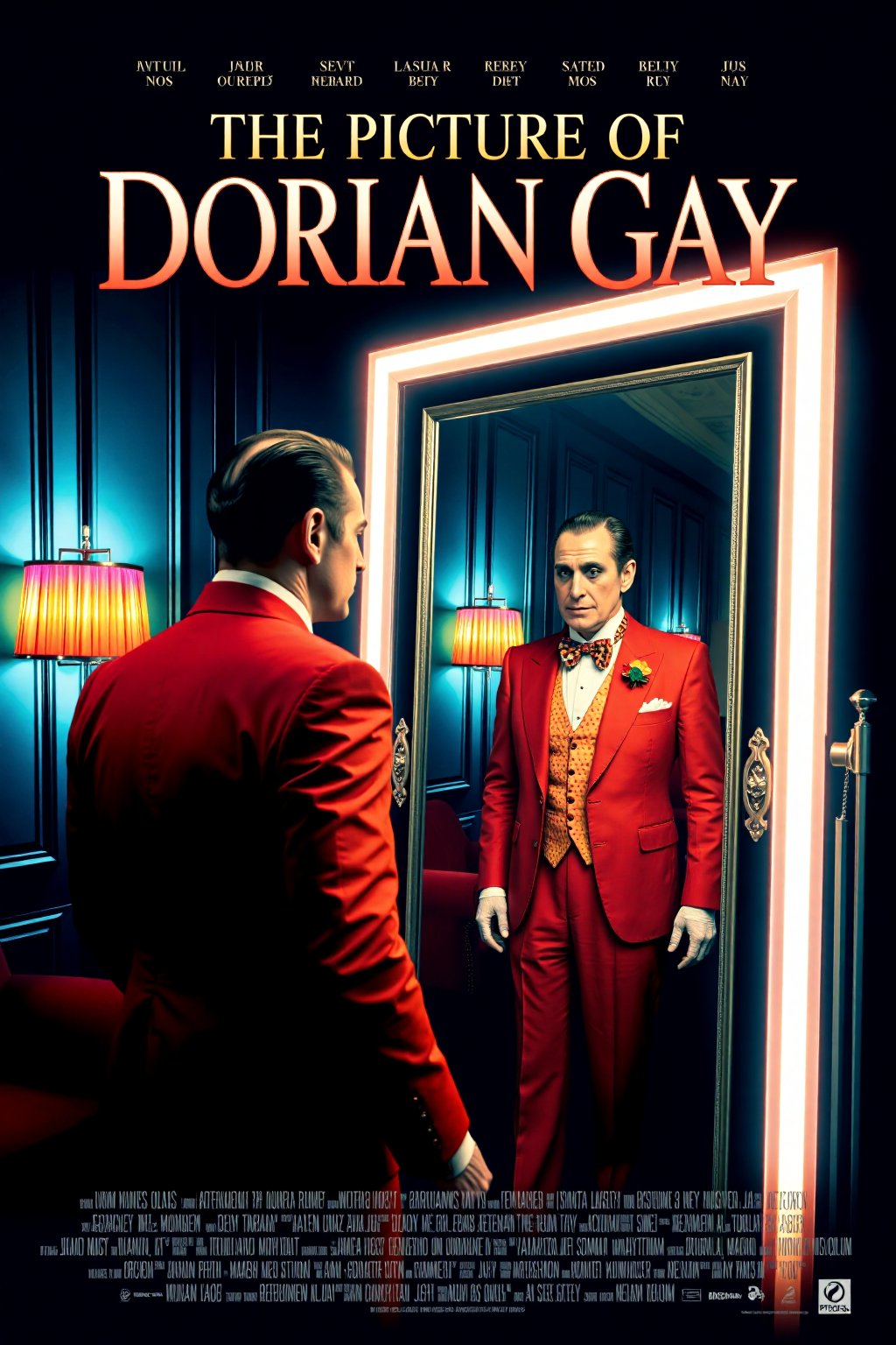 mvpstr. Epic movie poster for "The Picture of Dorian Gay". The main subject is a flamboyant, well-dressed gay man with perfectly groomed hair, gazing intently at his own reflection in a large, ornate mirror. The man's reflection shows a slightly older and more worn version of him, hinting at the theme of vanity and aging. He is dressed in a vibrant, fitted suit with an extravagant bowtie, standing in an elegant, modern room. The background features bright neon lighting with rainbow accents, giving the scene a glamorous, lively feel. The title "The Picture of Dorian Gay" is written in bold, flashy font at the top, with stylized film credits at the bottom. High contrast, cinematic lighting, pop-art style, exaggerated colors, retro movie poster design.