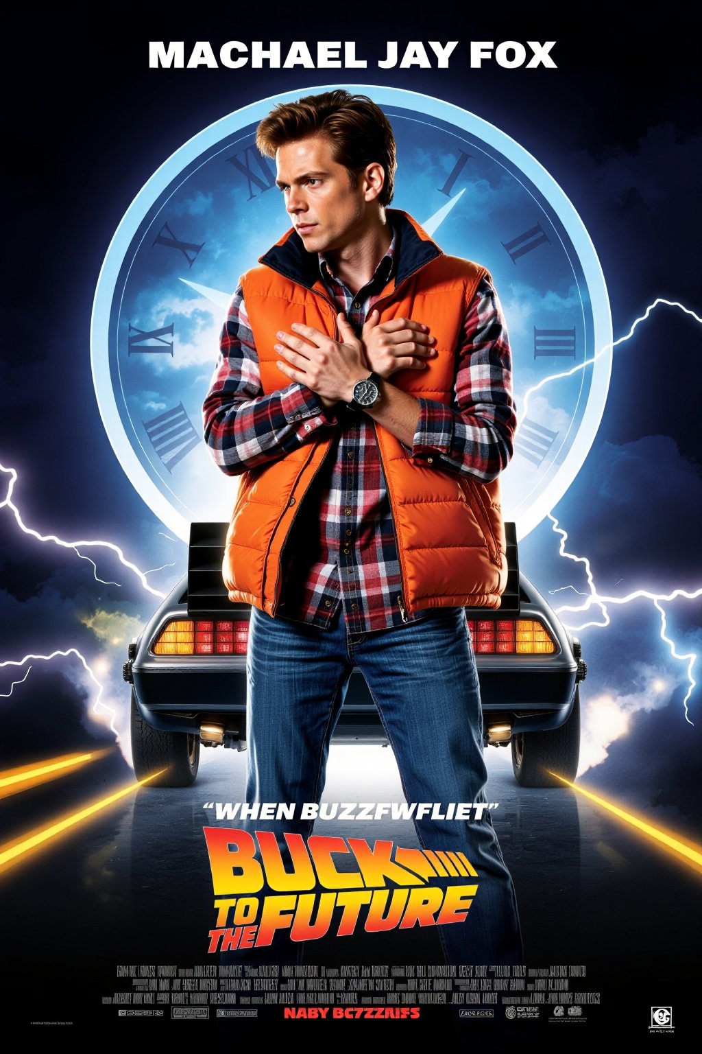 Vintage Movie poster for "Buzz to the Future," starring Machael Jay Fox. The main character stands confidently, mid-action, with jeans and an iconic orange sleeveless puffer jacket over a plaid shirt, adjusting a futuristic watch with an intense look. Behind him, a glowing hoverboard replaces the iconic DeLorean, casting a neon-blue light. The background features a dark, stormy sky with streaks of lightning and a large, retro-futuristic clock face. The tagline reads: "When buzzflies, hang on tight!" Neon colors, dramatic lighting, retro sci-fi movie poster style, cinematic composition.