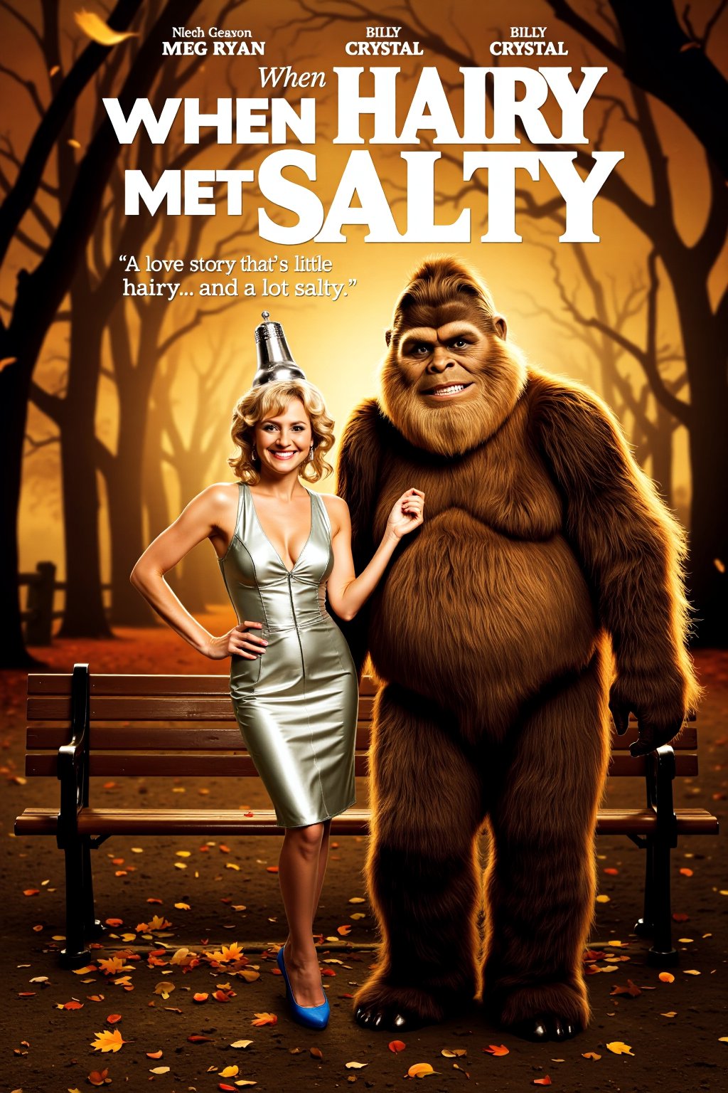 mvpstr. Epic Movie poster for "When Hairy Met Salty," starring Meg Ryan and Billy Crystal. Meg Ryan is dressed as a glamorous salt shaker, wearing a sleek silver dress with a salt shaker top as a hat, smiling playfully. Beside her, Billy Crystal is dressed as a comical, friendly Bigfoot with exaggerated, fluffy fur and a goofy grin, capturing their iconic romantic-comedy chemistry. The background shows a romantic park setting with trees and a bench, with autumn leaves gently falling. The title "When Hairy Met Salty" is written in large, whimsical font at the top, and the tagline below reads: "A love story that's a little hairy... and a lot salty!" Warm lighting, romantic-comedy poster style, with a mix of humor and sweetness.