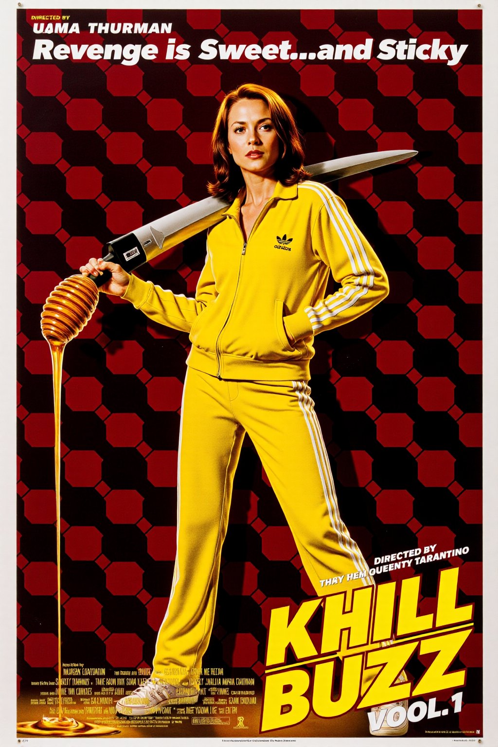 Vintage Movie poster for "Kill Buzz Vol.1," featuring Uma Thurman in a bright yellow Adidas tracksuit, holding a giant honey dipper dripping with honey instead of a katana. She stands in a dynamic pose, ready for action against a bold red and black background with honeycomb patterns. The tagline at the top reads, "Revenge is Sweet... and Sticky," in dramatic, stylized text. "Directed by Quentin Tarantino" is displayed at the bottom. The title "Kill Buzz Vol.1" appears in bold, retro typography, completing the quirky, exaggerated style. Vintage poster texture, high contrast, comic book flair, dramatic lighting.