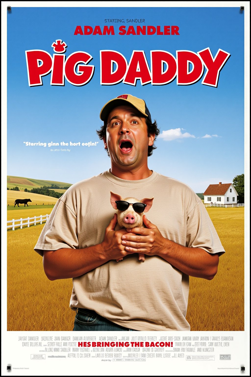 Vintage Movie poster for "Pig Daddy," starring Adam Sandler, set in a lighthearted comedy style. Adam Sandler appears as the main character, dressed in a worn, oversized t-shirt and mismatched cap, holding a small pig with a silly expression. The background features a rural, farm setting with rolling fields, a farmhouse, and a blue sky. The movie title "Pig Daddy" is written in bold, exaggerated letters at the top in a playful font, with bright colors. Sandler's name is prominently displayed at the top, styled as "Starring Adam Sandler" in a smaller comedic font. The poster is filled with humorous details, like a pig with sunglasses, over-the-top comedy expressions, and quirky taglines such as "He's bringing home the bacon!" in the lower corner. Vintage comedy movie poster design, vibrant colors, cinematic lighting, retro 90s feel, dynamic composition, cinematic framing.