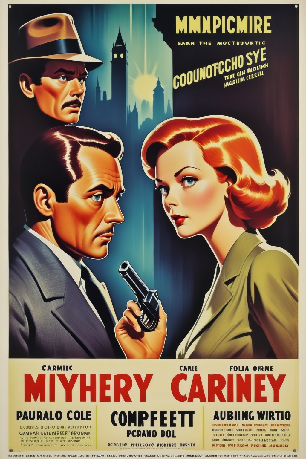 Movie Poster - a vintage poster for a mystery movie including the title and credits