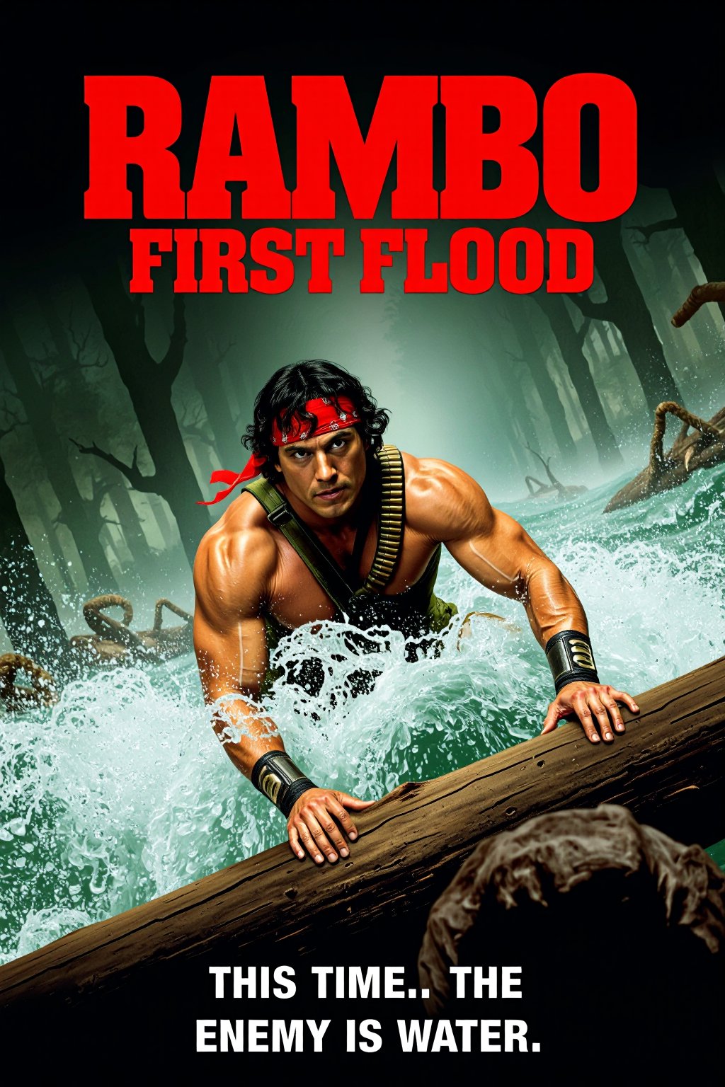 mvpstr. Epic Movie poster titled "Rambo: First Flood,  " featuring a muscular,  bandana-wearing Rambo character caught in...