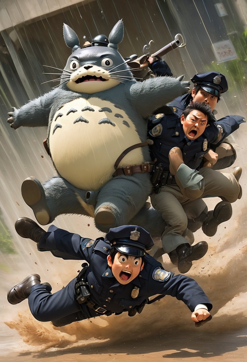 Action shot. Two cops arresting Totoro,  art by Studio Ghibli