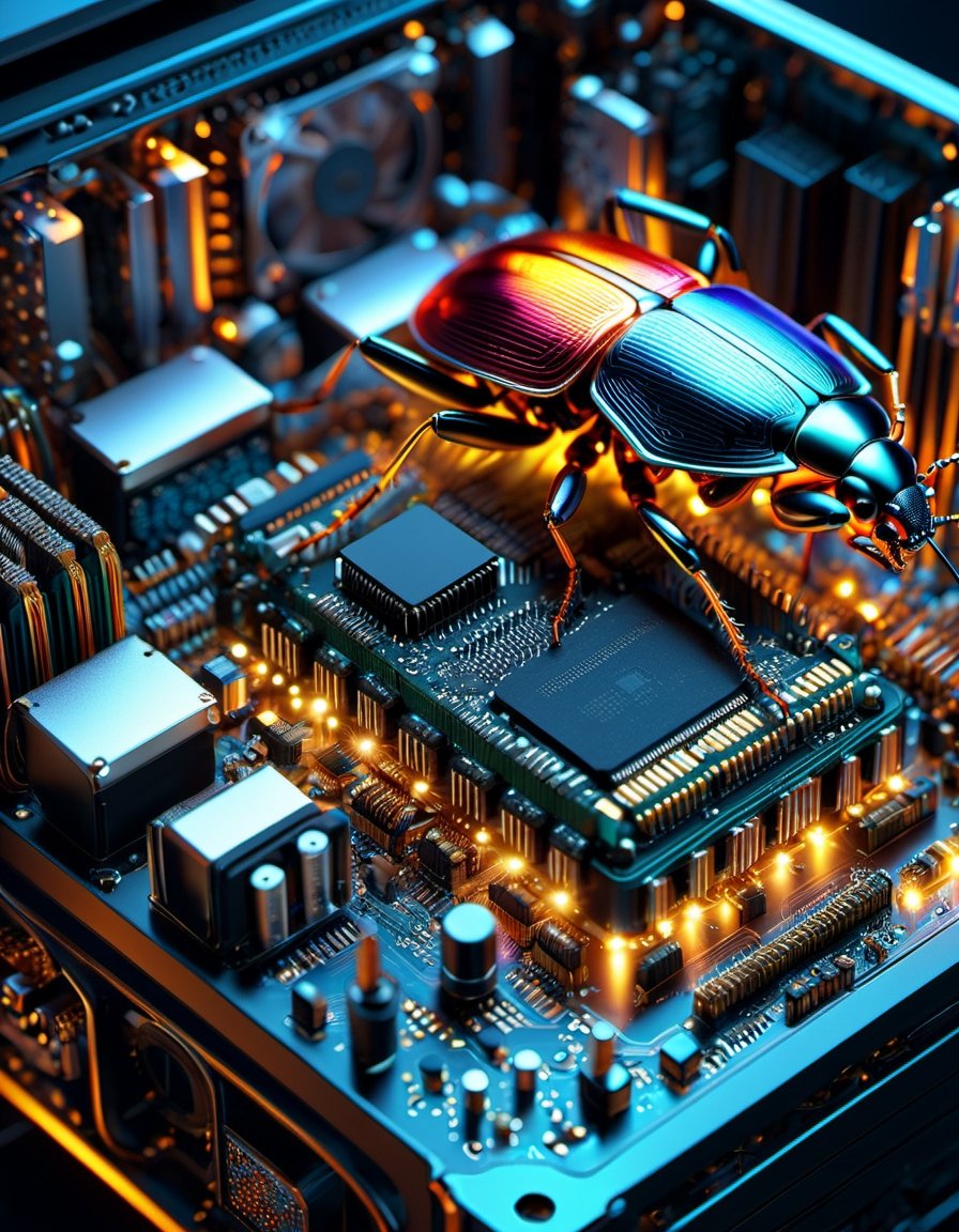 A bug made of electronic components,  inside a computer case,  eating computer components,  with sparks and led lights.,  ultra hd,  realistic,  vivid colors,  highly detailed,  UHD drawing,  pen and ink,  perfect composition,  beautiful detailed intricate insanely detailed octane render trending on artstation,  8k artistic photography,  photorealistic concept art,  soft natural volumetric cinematic perfect light, 