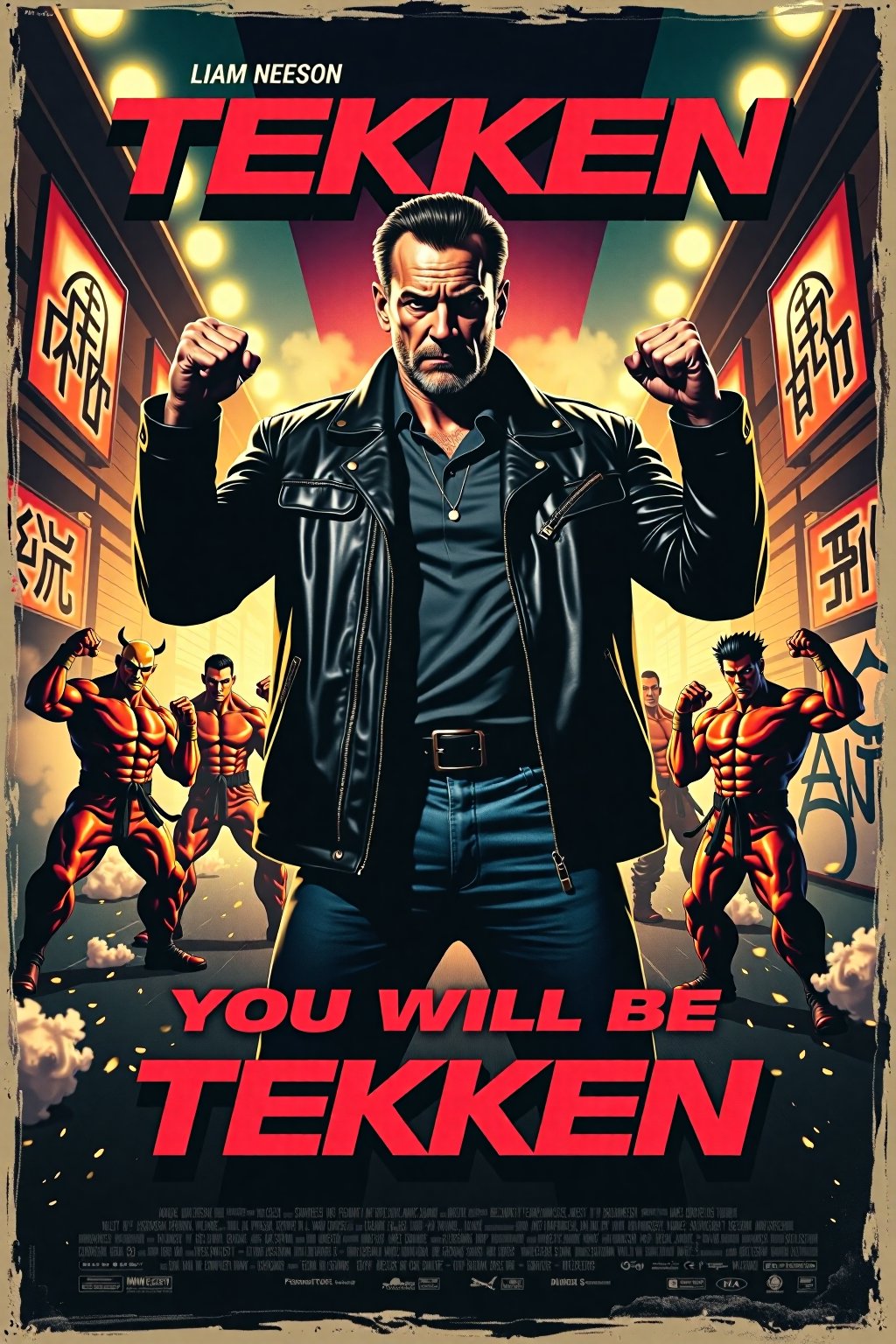 Vintage movie poster for "Tekken" starring Liam Neeson, reimagined as a gritty yet humorous take on the classic fighting game. The poster features Liam Neeson in a fighting stance, fists raised, wearing a rugged leather jacket with a determined, intense expression. He stands against a neon-lit urban backdrop, reminiscent of the Tekken arenas, with smoke, sparks, and graffiti adding a grungy atmosphere.

Around him, a colorful array of cartoonishly exaggerated fighters, inspired by classic Tekken characters, pose in wild, over-the-top stances, each with a comical twist. The tagline at the bottom reads: "You will be tekken" The overall design is an energetic blend of action and comedy, with Neeson as the unlikely hero in the wild world of Tekken.
