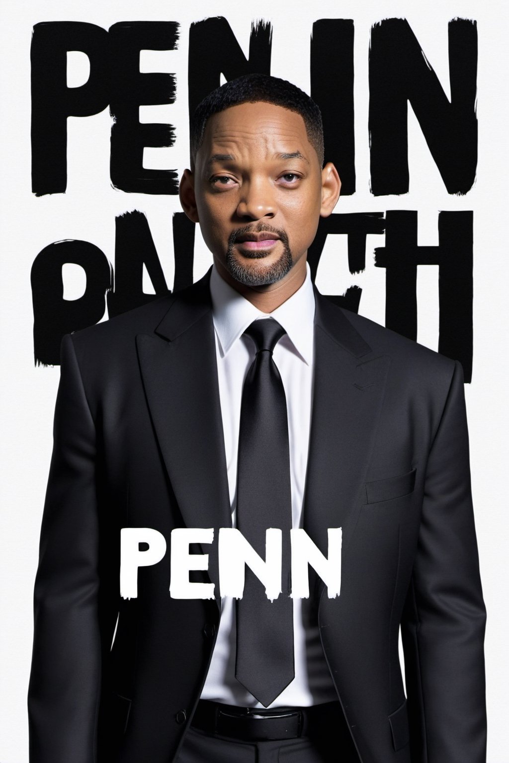 Movie Poster page "Pen in Black". Starring Will Smith in white shirt, black tie and black suit.  text:"Pen in Black"