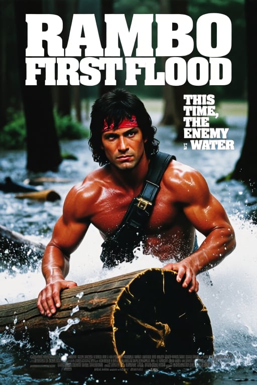 A parody movie poster titled "Rambo: First Flood,  " featuring a muscular,  bandana-wearing Rambo character caught in a ra...