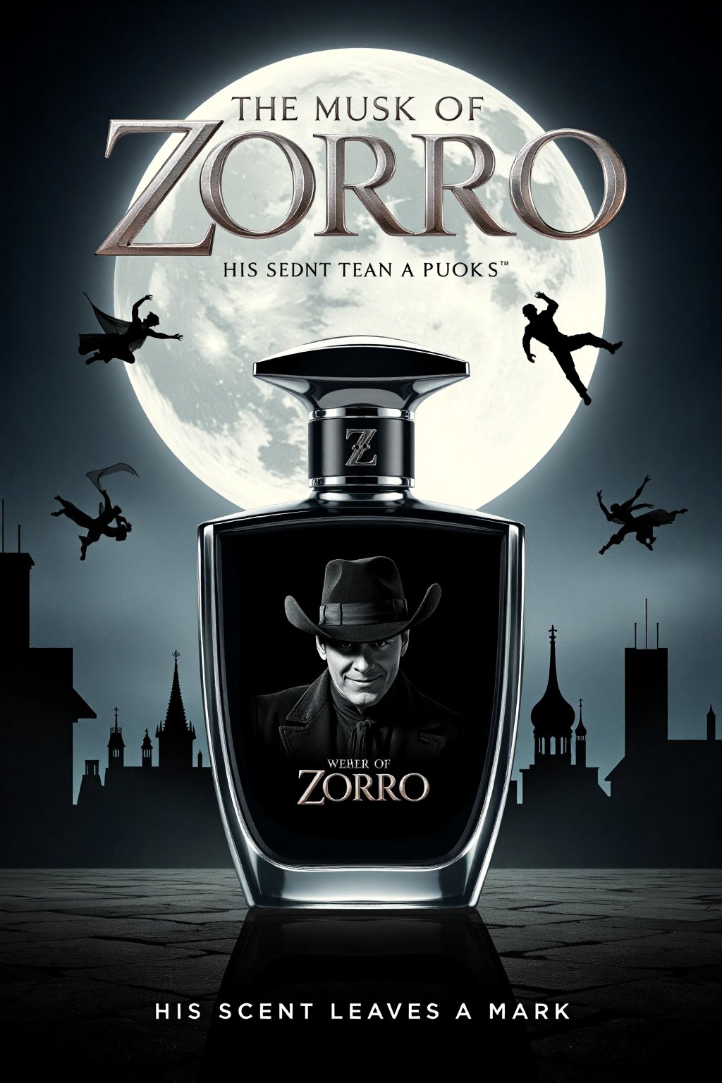 mvpstr. Epic Movie poster for "The Musk of Zorro," featuring a sleek bottle of men's cologne as the centerpiece. The cologne bottle has an elegant black and silver design with a bold, artistic portrait of Zorro on the front. Zorro is depicted in his iconic black mask and wide-brimmed hat, with a playful, smirking expression. The bottle's cap resembles the handle of Zorro's sword, with a Z-shaped insignia etched into it. In the background, dramatic shadows of Zorro's silhouette leap across rooftops under a full moon. The poster has a mix of action and comedy, with bold, exaggerated fonts for the title, "The Musk of Zorro," in metallic silver, positioned at the top. The tagline underneath says, "His scent leaves a mark." Cinematic lighting highlights the glossy cologne bottle, giving it a luxurious, commercial feel. Humorous, over-the-top design, matte finish, vintage movie poster style.