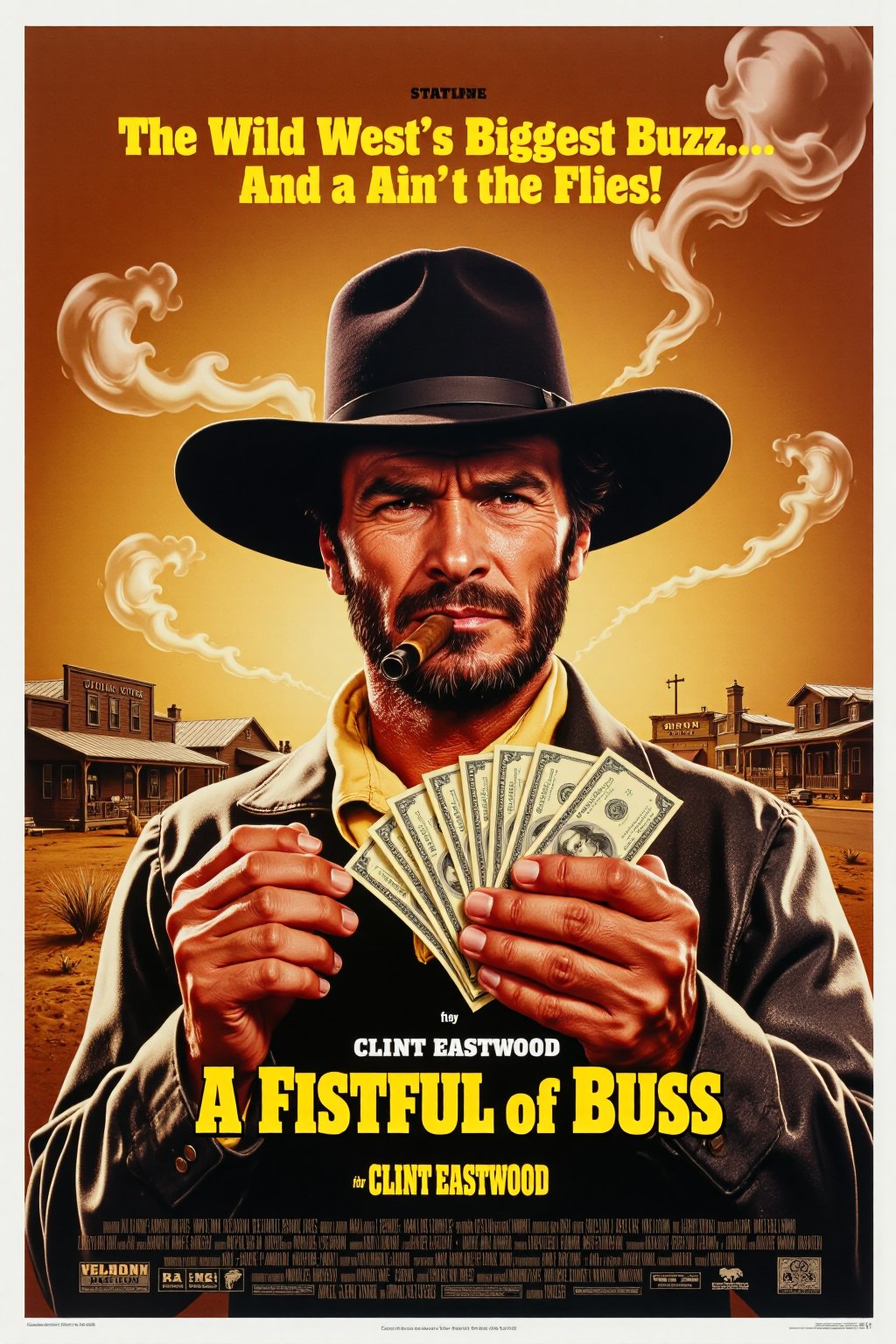 Vintage Movie poster for "A Fistful of Buzz" starring Clint Eastwood,  featuring a stylized,  exaggerated Clint Eastwood w...
